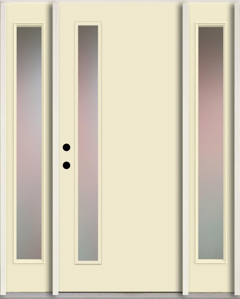 RELIABILT LO1065271 Spotlights 56-in x 80-in x 4-5/8-in Fiberglass 1/4 lite Right-hand inswing Bisque Paint Painted Prehung Front Door with Sidelights Insulating core