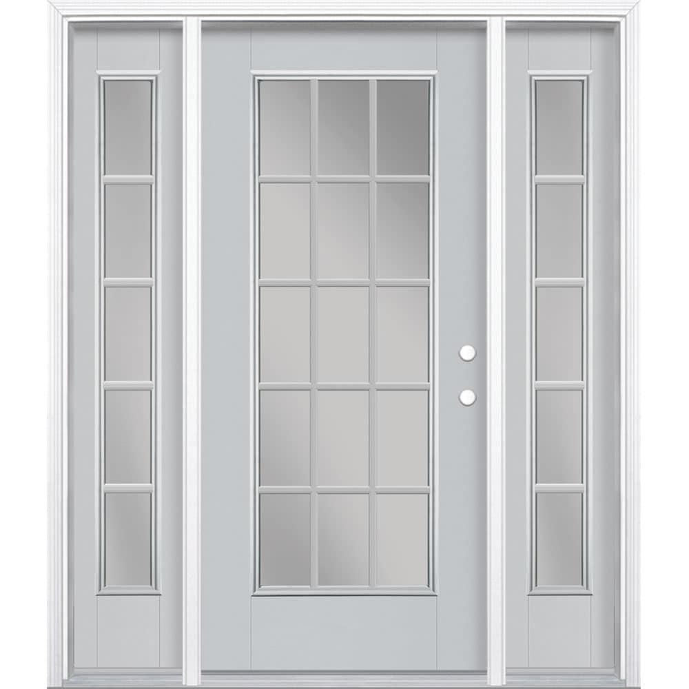 Masonite 1218865 60-in x 80-in x 4-9/16-in Fiberglass Full lite Left-hand inswing Infinity Gray Painted Prehung Front Door with Sidelights with Brickmould Insulating core with Grilles