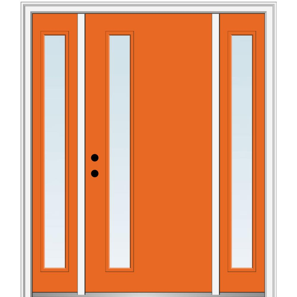 MMI DOOR ZZ348450R Spotlights 60-in x 80-in x 6-9/16-in Fiberglass Full lite Right-hand inswing Tangerine Painted Prehung Front Door with Sidelights with Brickmould Insulating core