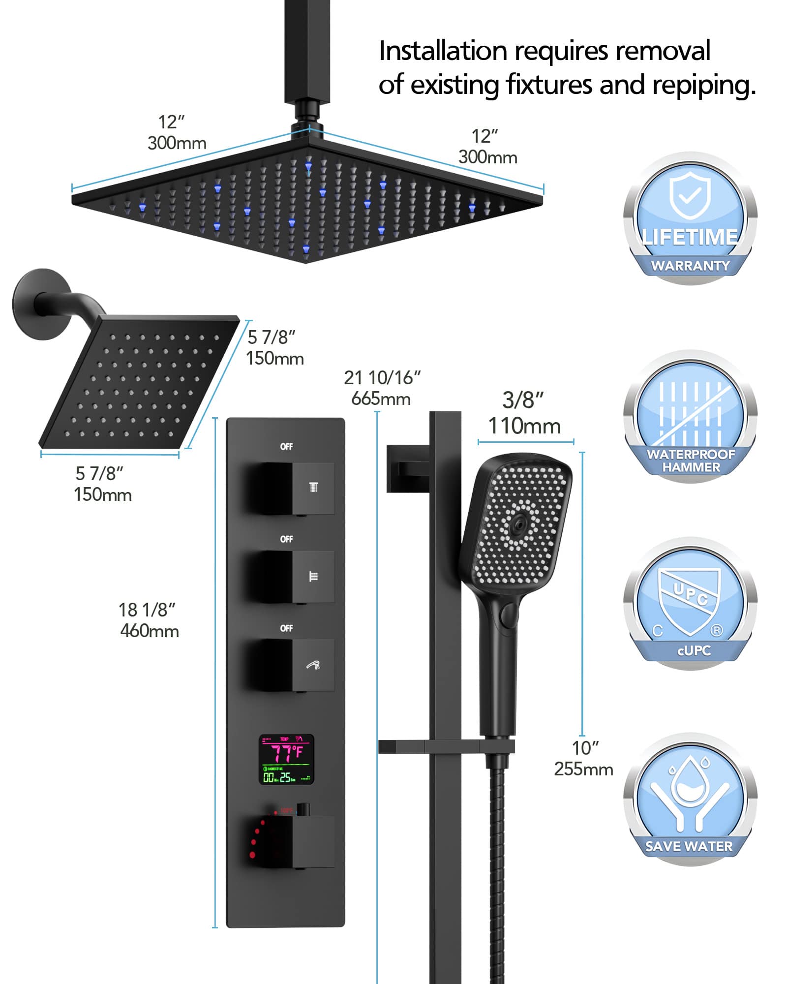 EVERSTEIN SFS-1071-BK12 Showerhead-Bar-Panels - View #12
