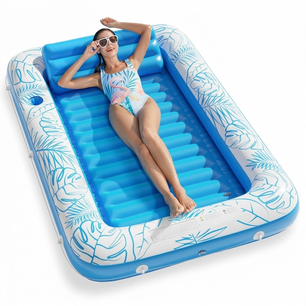 Adrinfly Inflatable Tanning Pool Lounger 4 in 1 Sunbathing Mat with Removable Pillow Air Cushion Base Cup Holder Rope for Adults Kids Water Float #L05AD09059