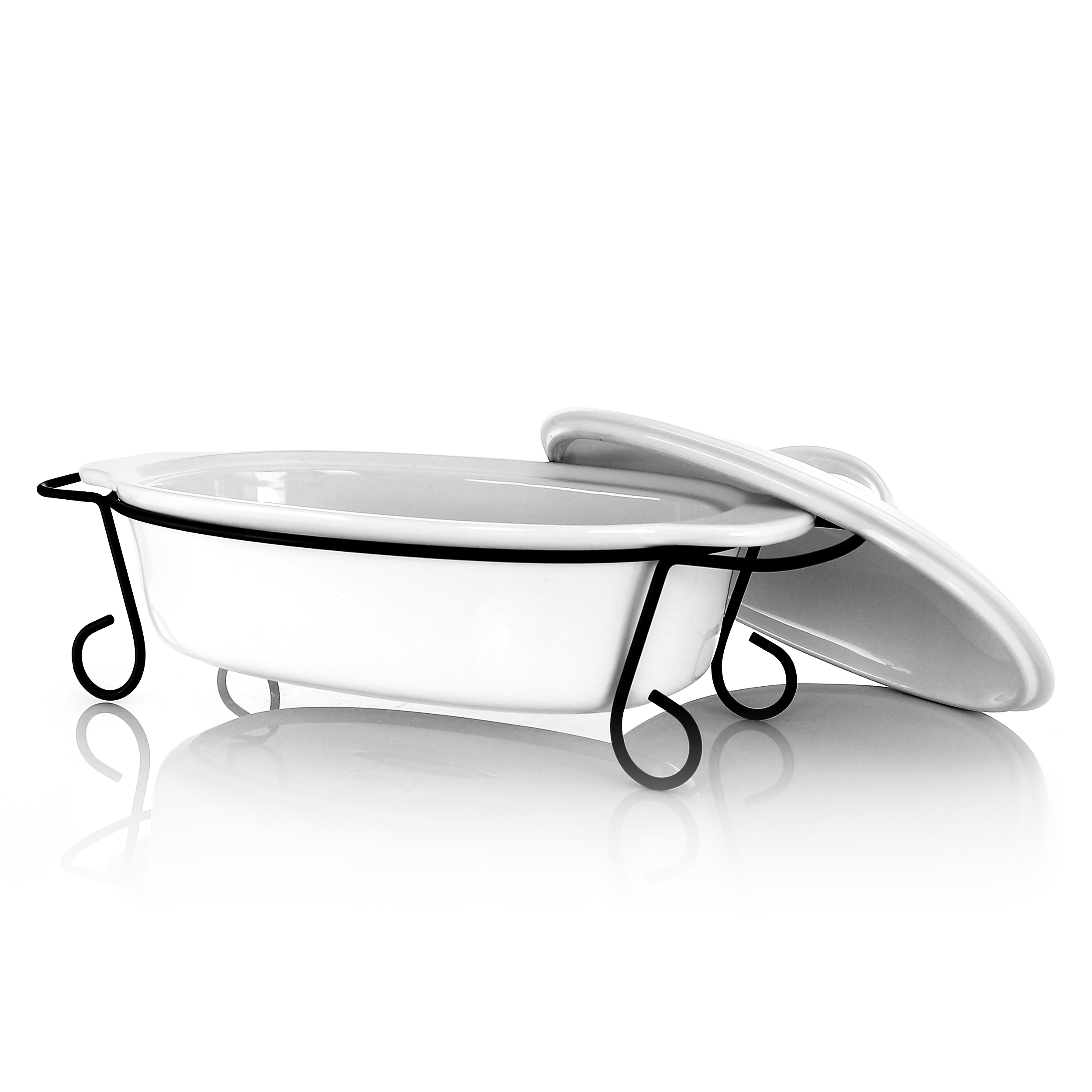 White Ceramic Oval Bakeware with Lid and Black Metal Rack
