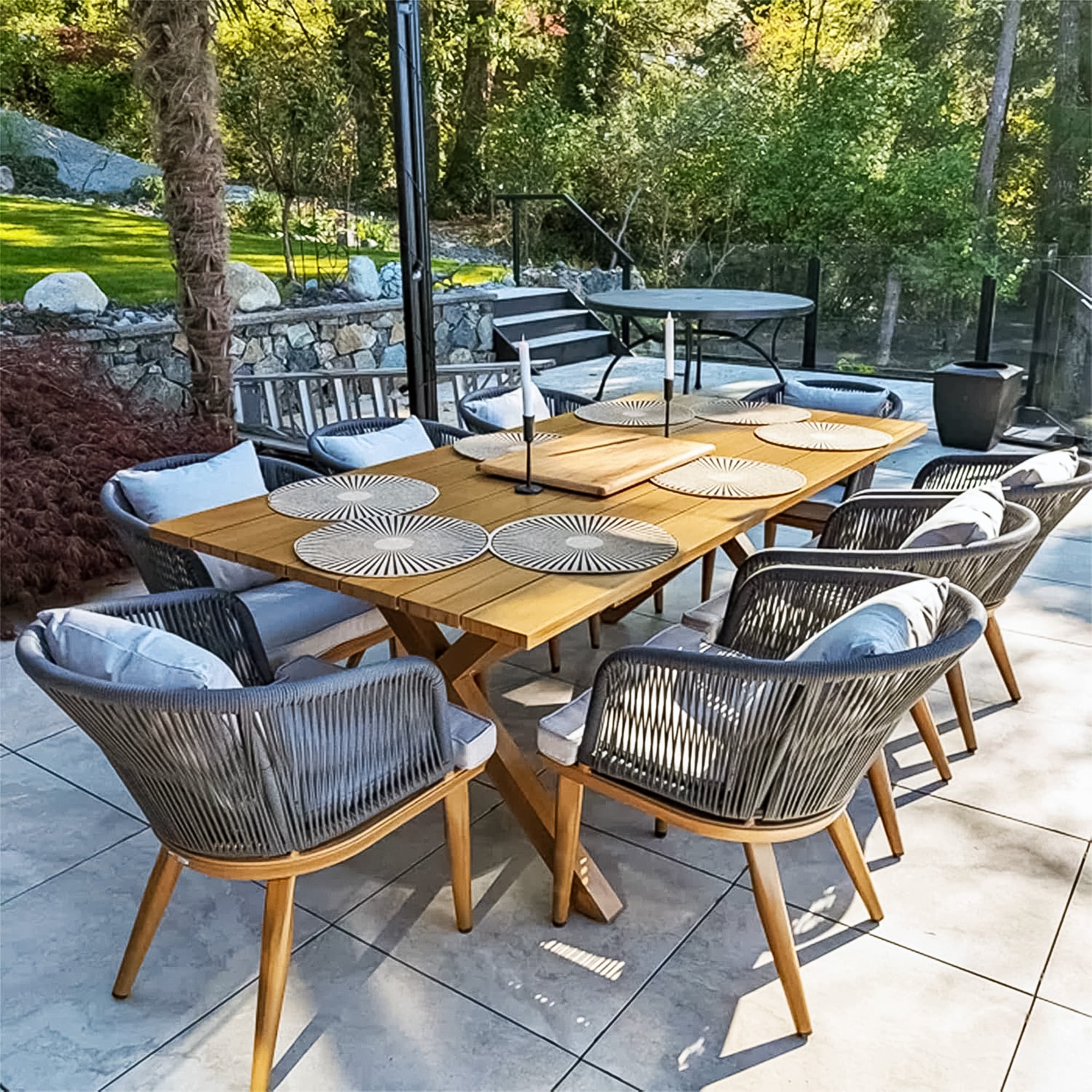 PURPLE LEAF LS06-DSYM09-AW-205-1 9 -Piece 9 pieces-Rectangle Wicker Patio Dining Set Wood Rectangle Table with 8 Tan Cushions Stationary Chairs