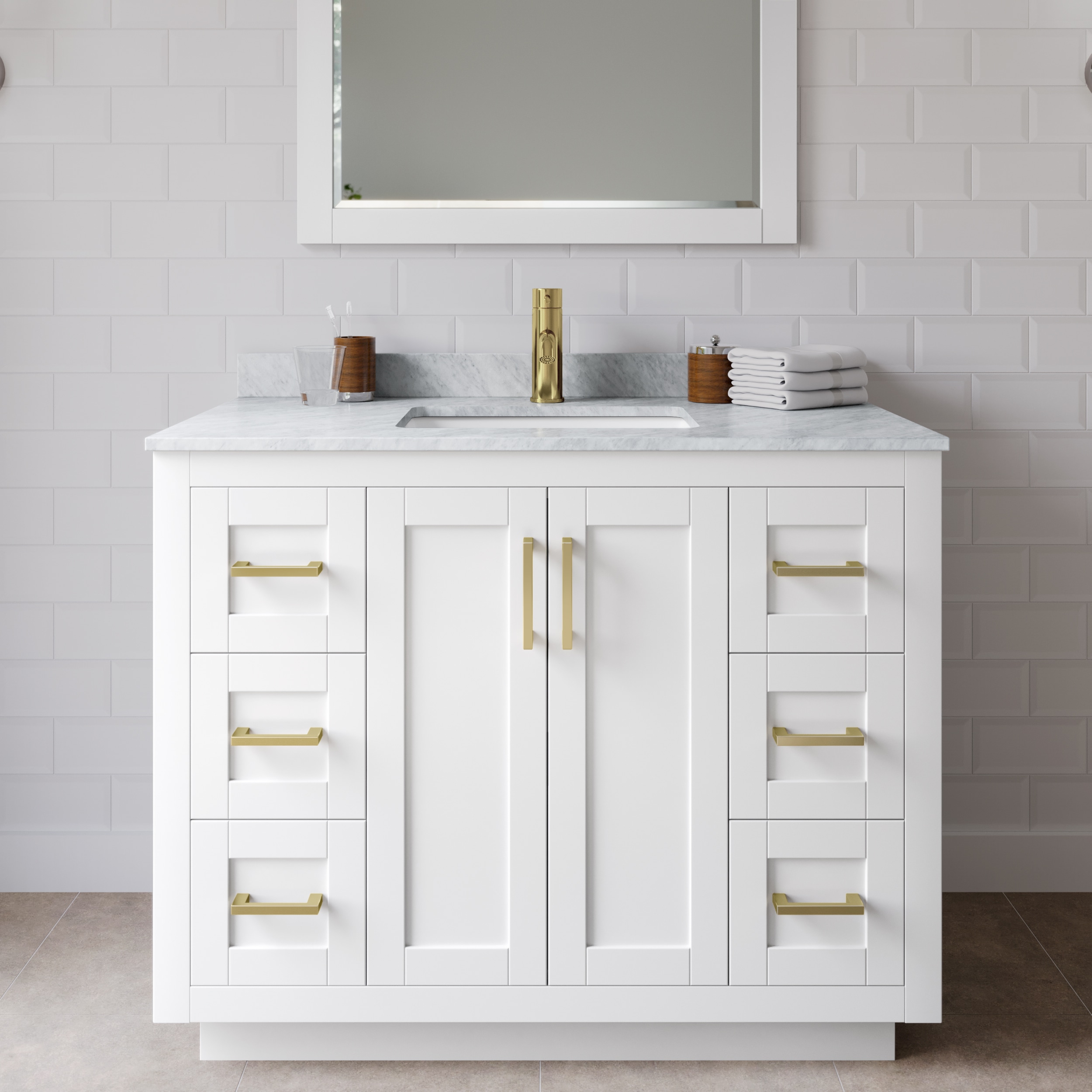 Wyndham Collection WCF292942SWGCMUNSM34 Miranda 42-in White with Brushed Gold Trim Undermount Single sink Bathroom Vanity with White Carrara Marble Marble Top (Mirror Included)