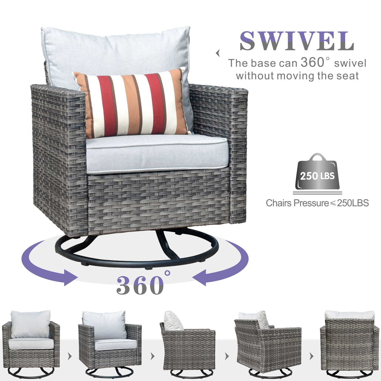 XIZZI Lullaby 3-Piece Rattan Patio Conversation Set with Gray Cushions ...