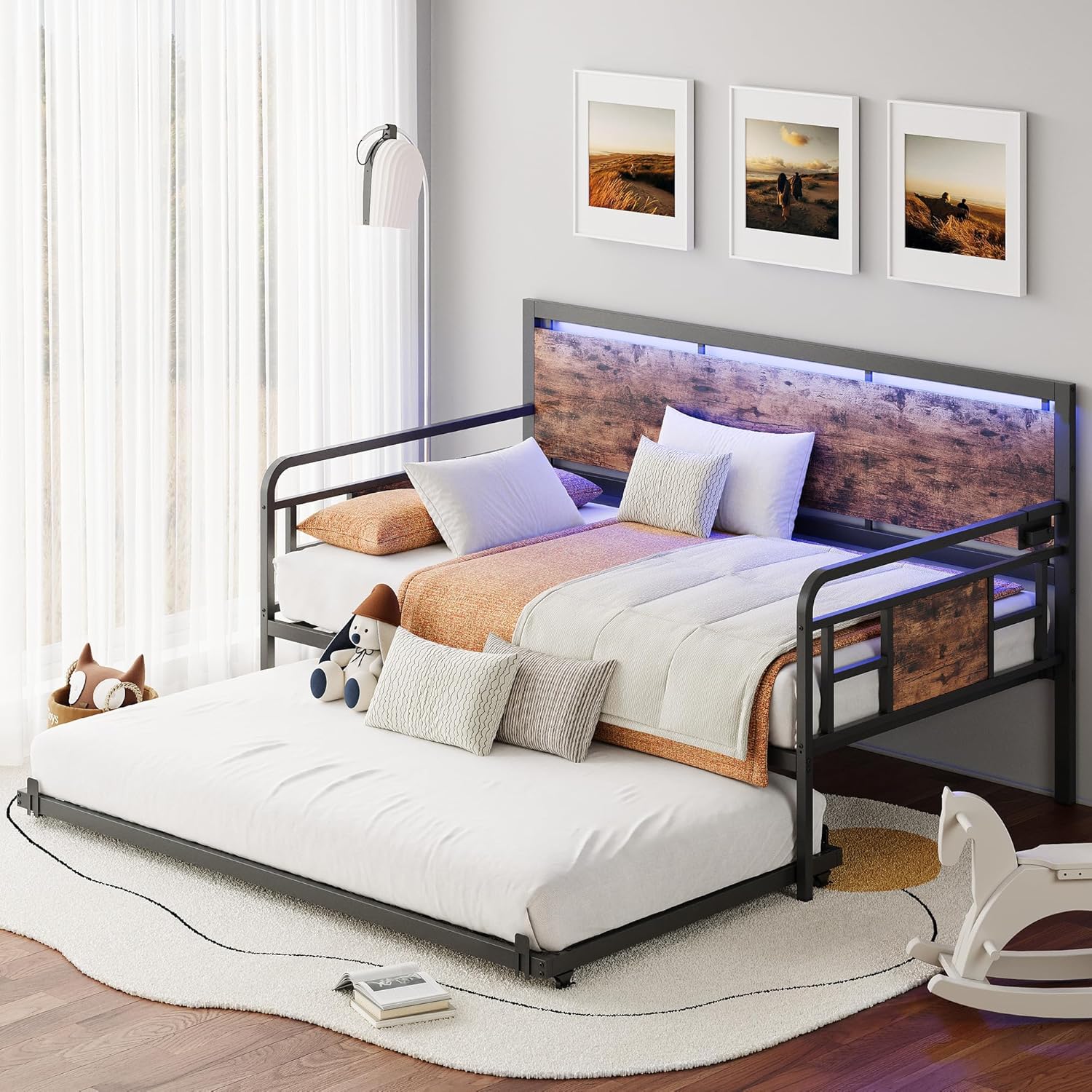 Likimio USAN1062911 79.1-in W Rustic Brown Twin Size Daybed with LED Lights and Charging Station