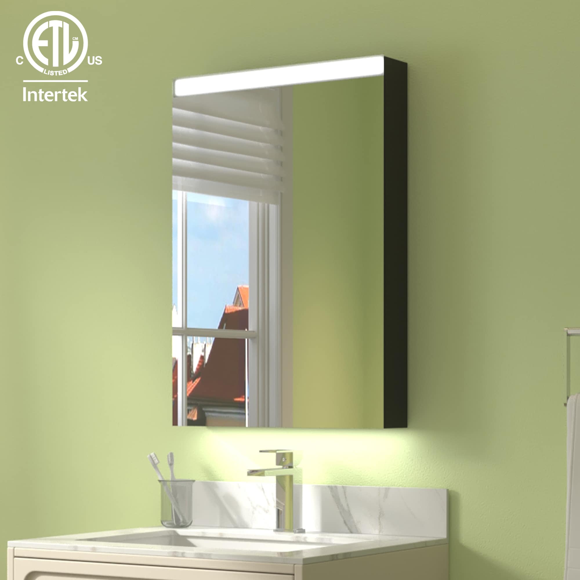 ExBrite EBMC2030V2R1 Arvona 20-in x 30-in Lighted LED Surface Mount Matte Black Mirrored Rectangle Medicine Cabinet