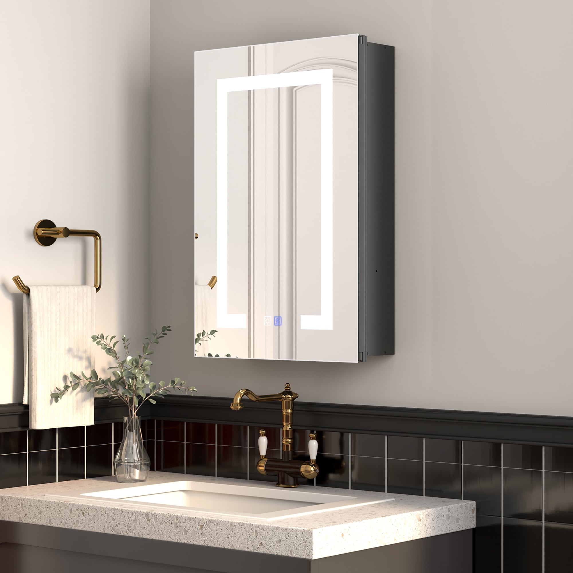 ExBrite Savio 16-in x 24-in Lighted LED Fog Free Surface/Recessed Mount Matte Black Mirrored Soft Close Medicine Cabinet with Outlet