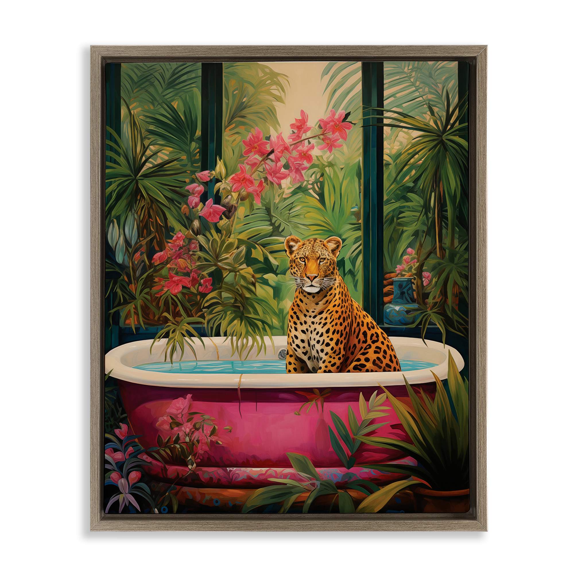 Stupell Industries BS-732-FFE-24X30 Leopard in Lush Tropical Bath Floating Frame design by Heidi K.