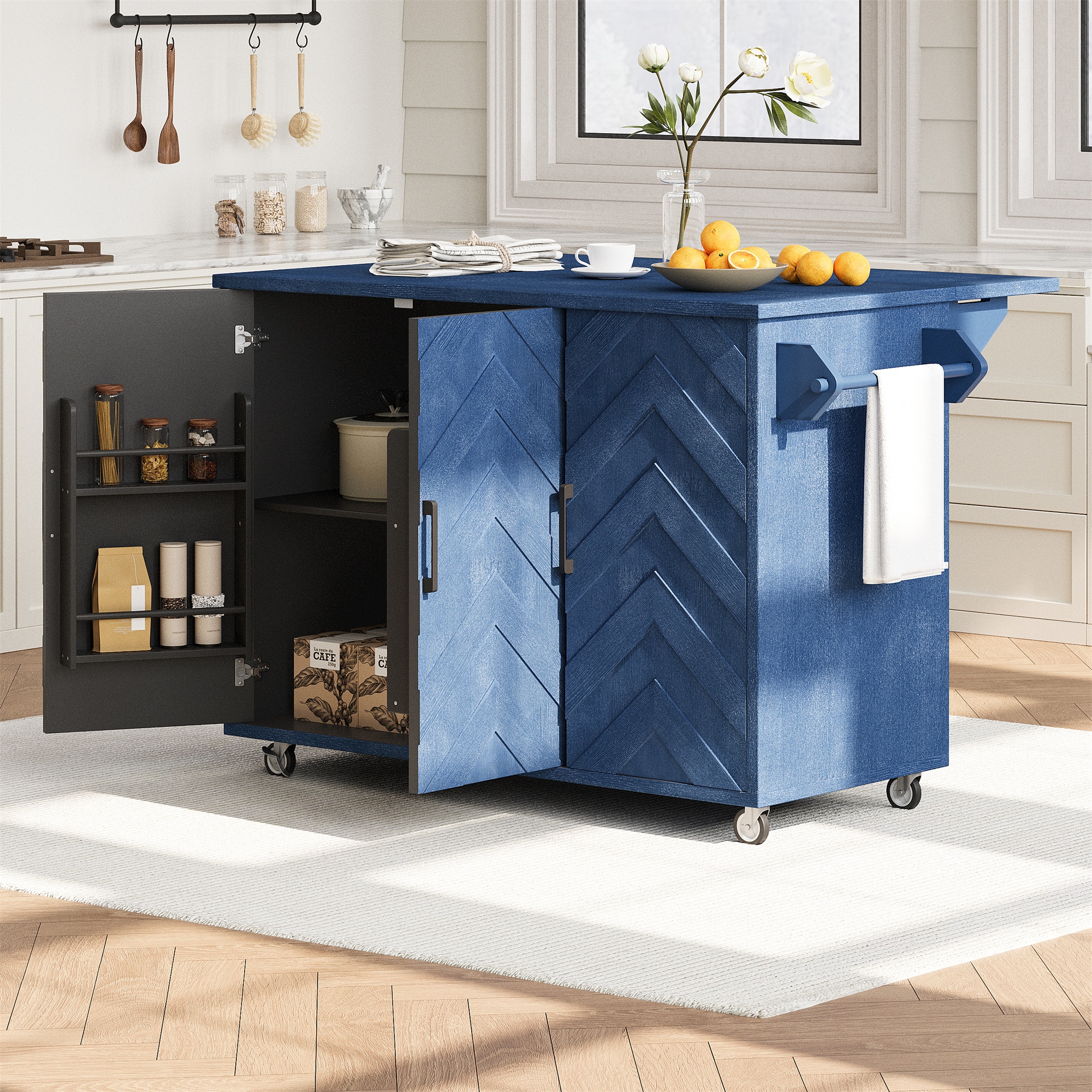 BABOOM BOM-67755GRY-OR Blue MDF Base with Wood Rolling Kitchen Island ( 29.5-in x 51.2-in x 36.2-in )