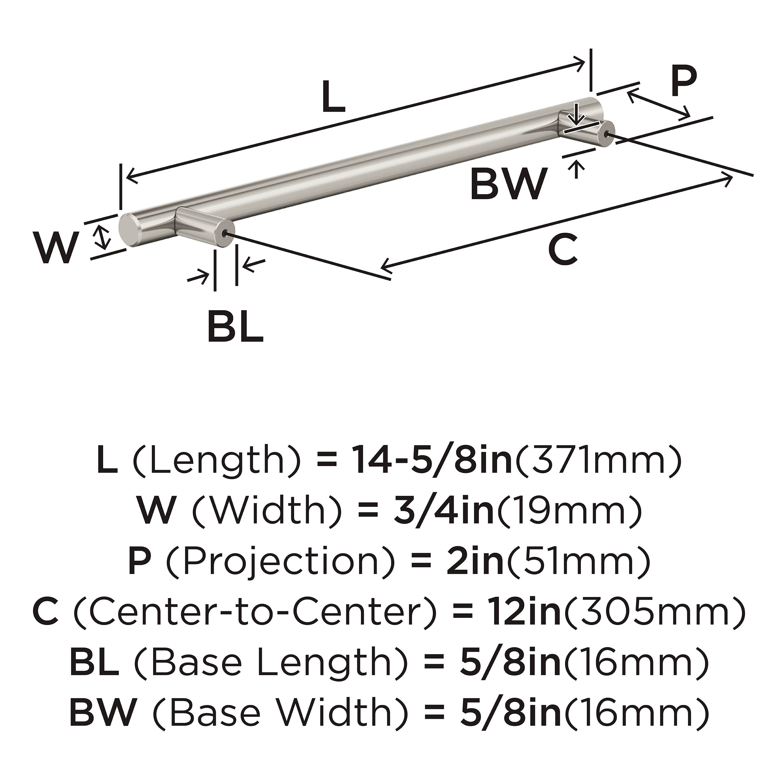 Brushed Nickel 12" Solid Stainless Steel Bar Pull
