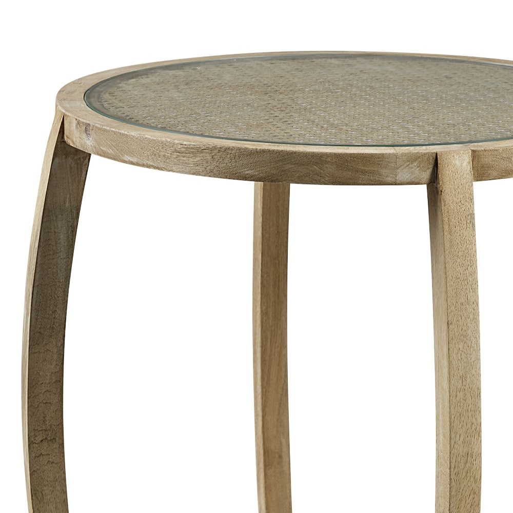 Light Brown Round Wood and Glass Accent Table