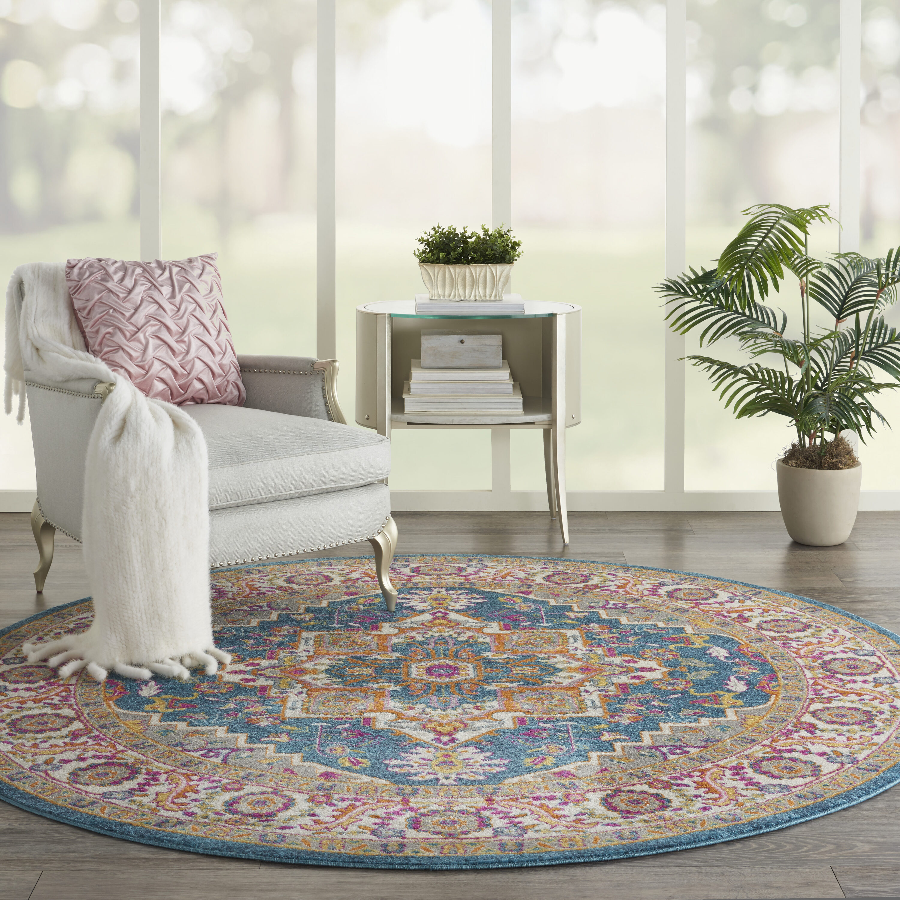 Nourison 099446765260 Passion 8 x 8 (ft) Loomed Polypropylene Teal Multicolor Round Indoor Medallion Bohemian/Eclectic Area rug