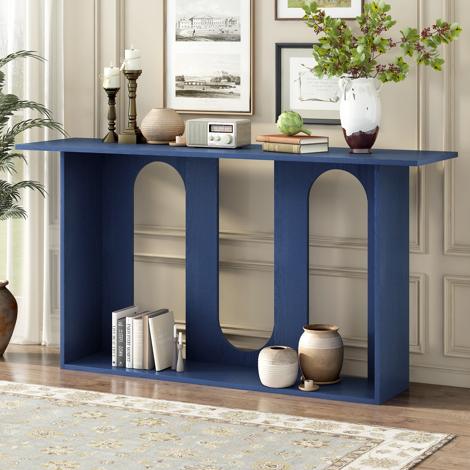 LOVMOR Modern and Curved Design Ash Veneer Console Table with Shelf Suitable for Entryway Hallway Living Room Foyer Corridor