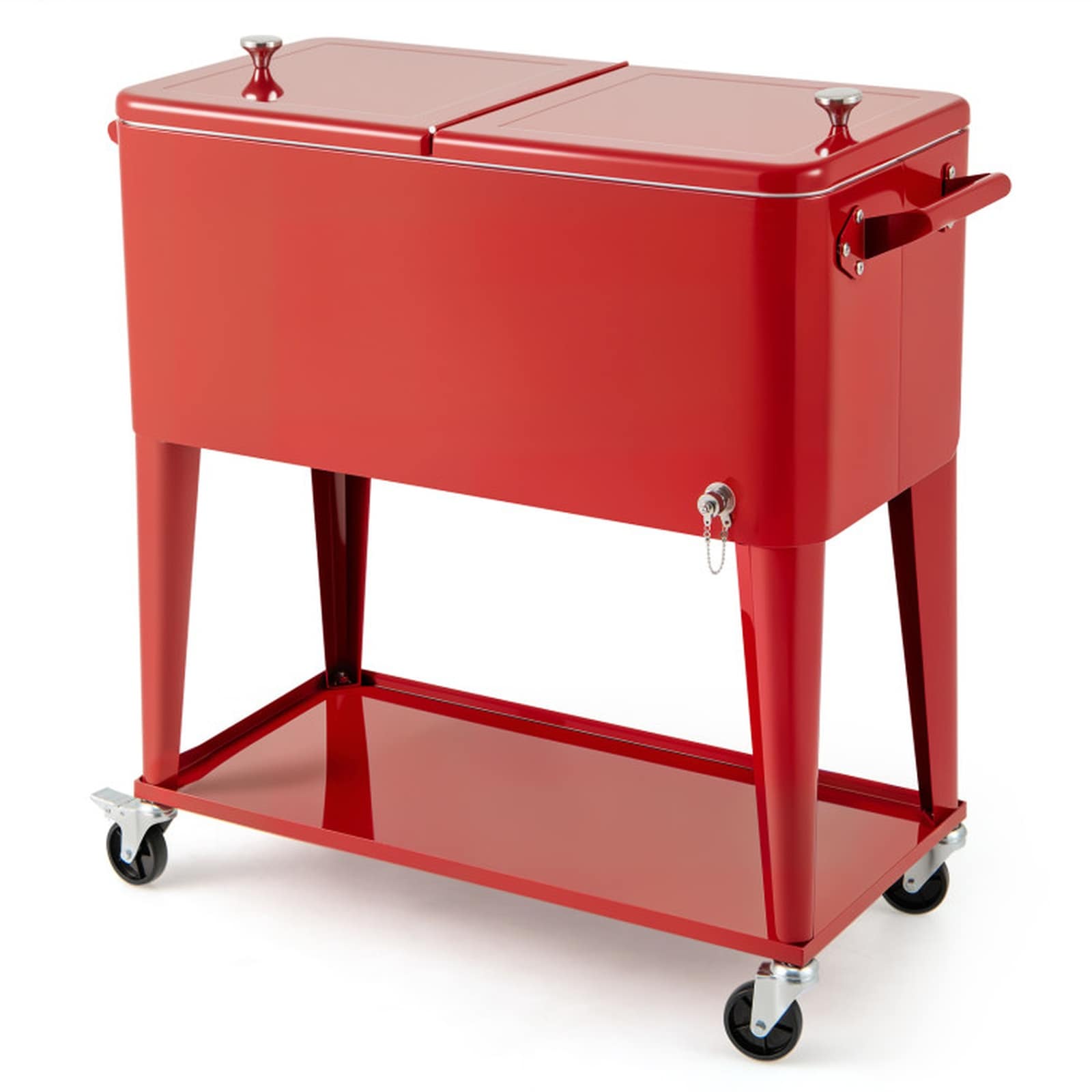 SUGIFT 80-qt Portable Patio Cooler with Wheels Rolling Outdoor Ice Chest with Bottom Storage Shelf and Bottle Opener 48-Hour Cold Retention Red