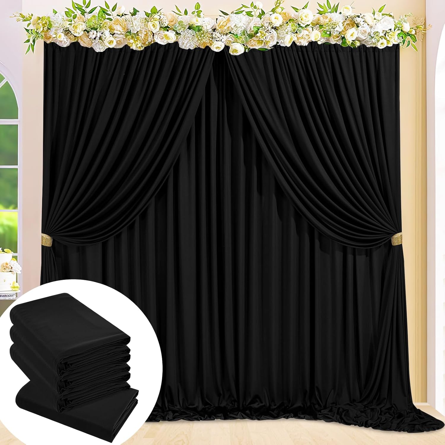 B-Cool -  Black Polyester Backdrop 4 Panels Wrinkle Free Backdrop Curtain 5.3ftx10ft Party Fabric...