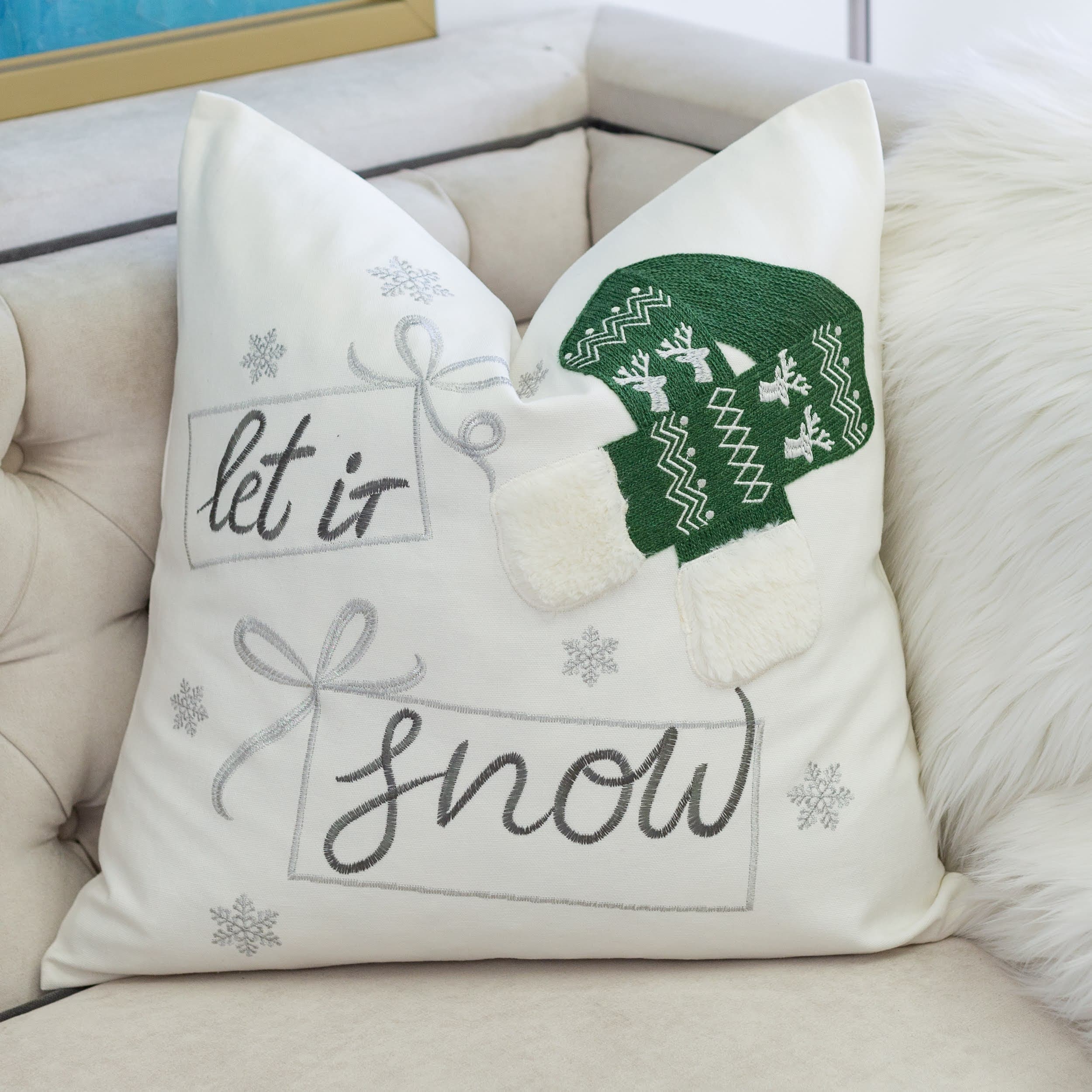 Blisstyle Let It Snow Christmas Throw Pillow 20x20inch Square Cotton Cushion with Green Knit Hat Design and Insert Set of 2 Throw Pillows for Couch