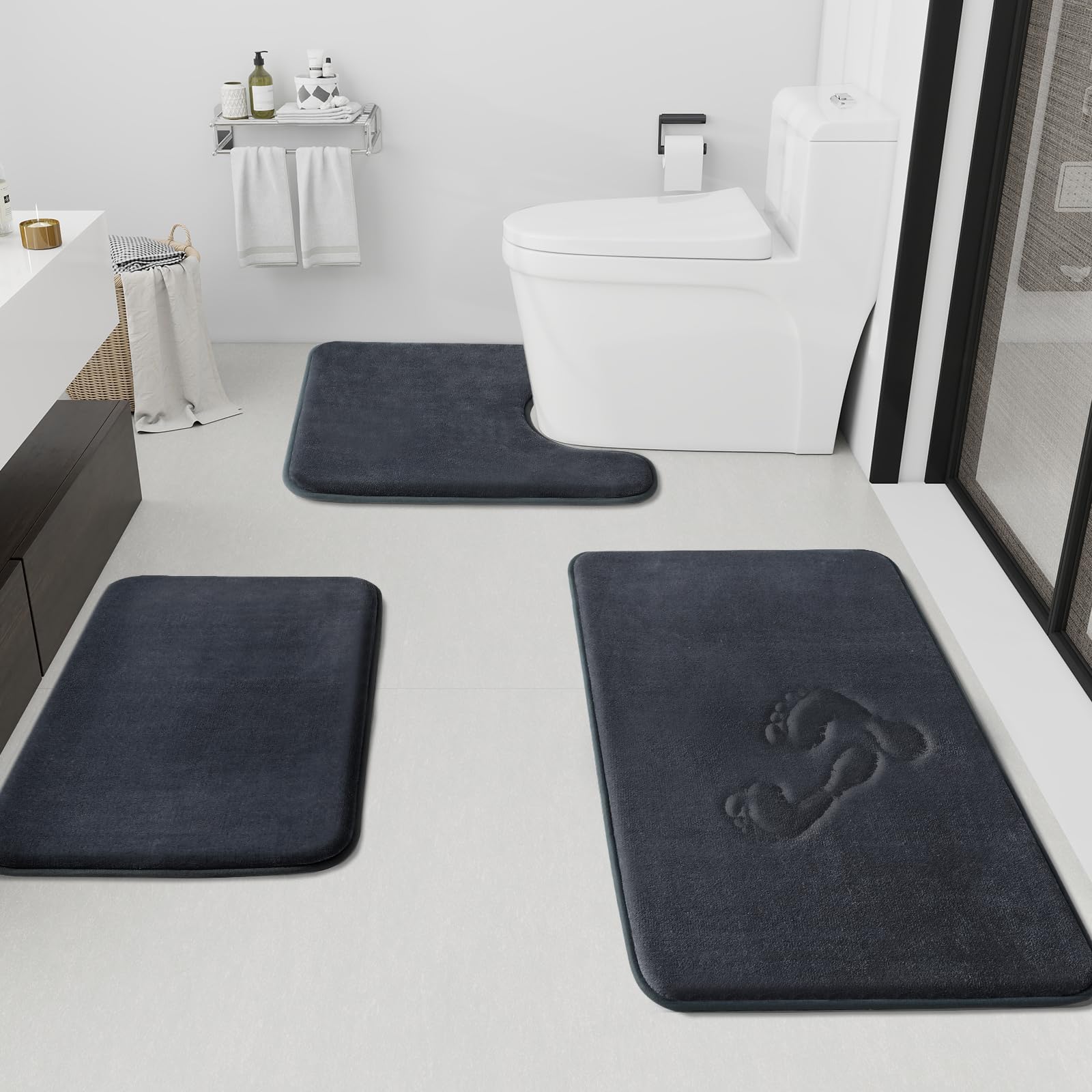 PUPWE 3 Piece Bathroom Rug Set Memory Foam Ultra Soft Quick Dry Non Slip Absorbent Easy Clean