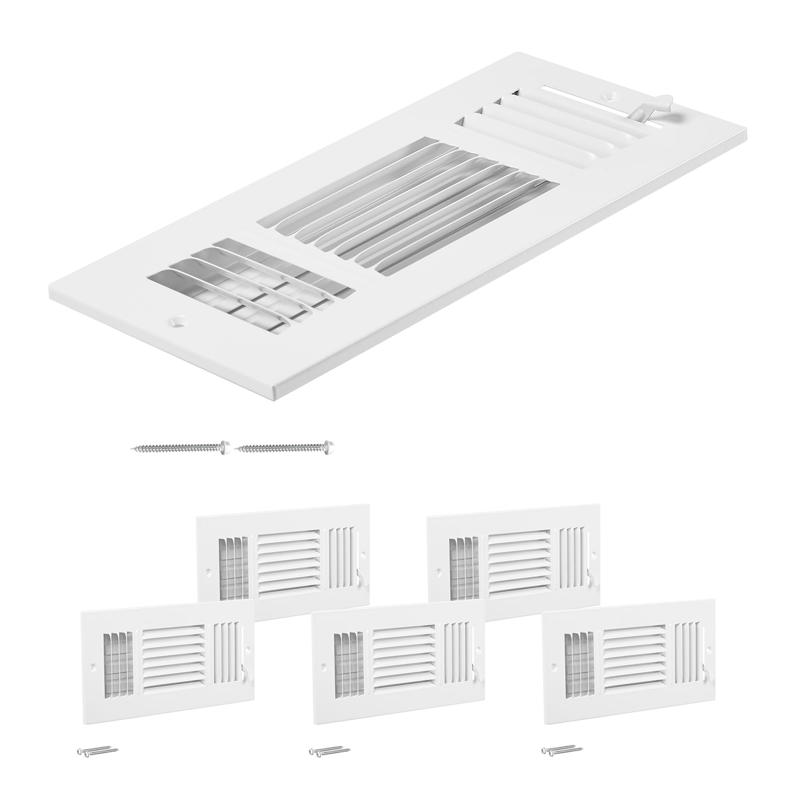 GIVIMO Floor Registers 4-in x 10-in 6-Pack 3-Direction Iron Vent Covers HVAC Floor Vent Grilles with Adjustable Damper in White for Home