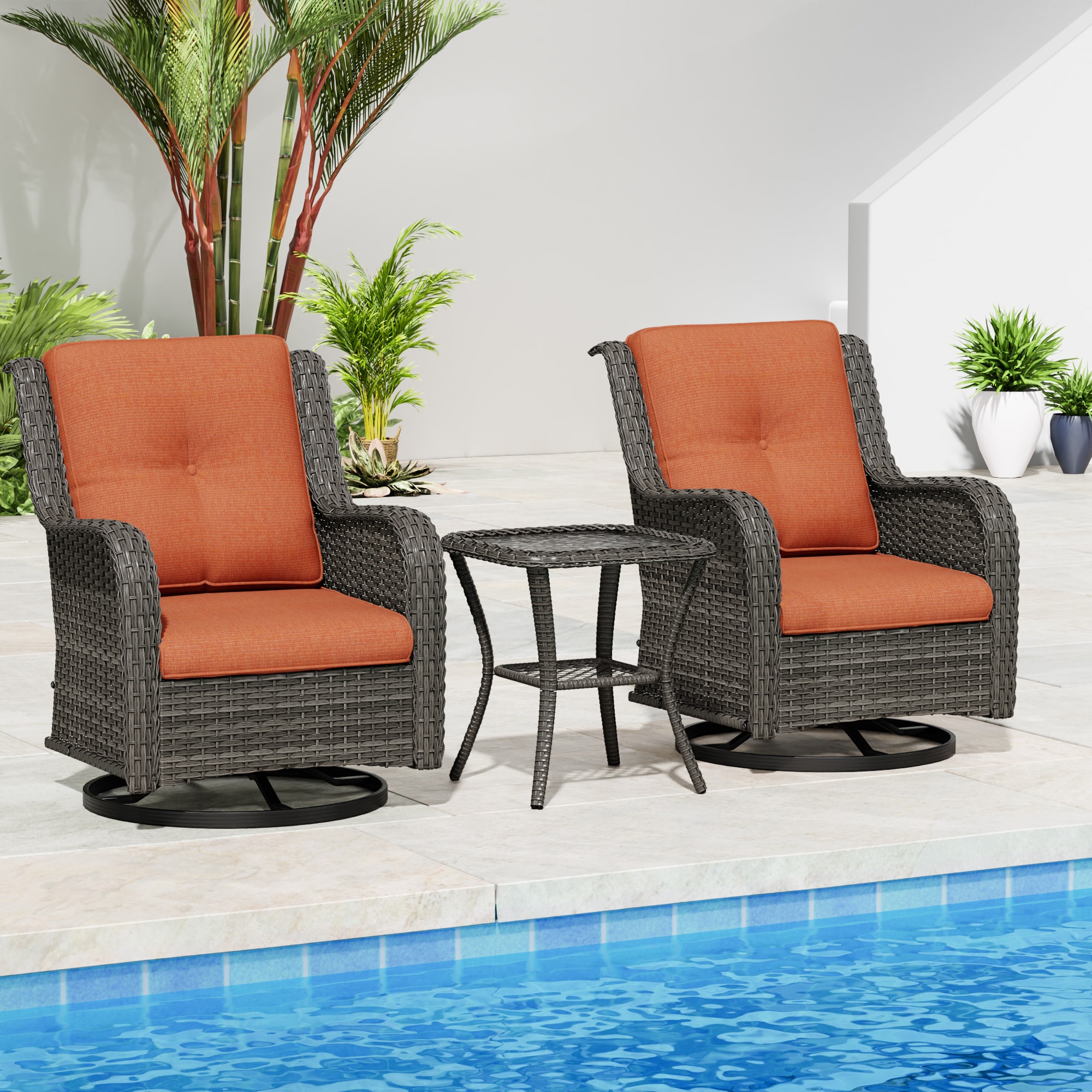 Gardenbee HGL-M01-ORG 3 -Piece Wicker Patio Conversation Set with Orange Cushions