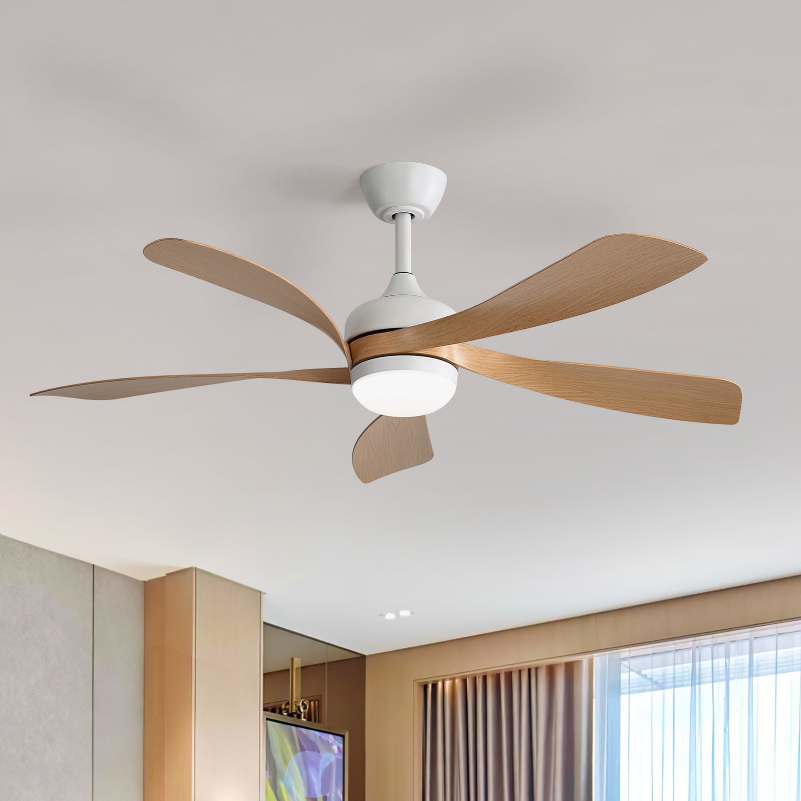 Sofucor L-52K096-WH-ABSQMW60 Ayris 52-in Integrated LED Outdoor White with Light wood color Blades Ceiling Fan With Light and Remote ( 5 -Blade )