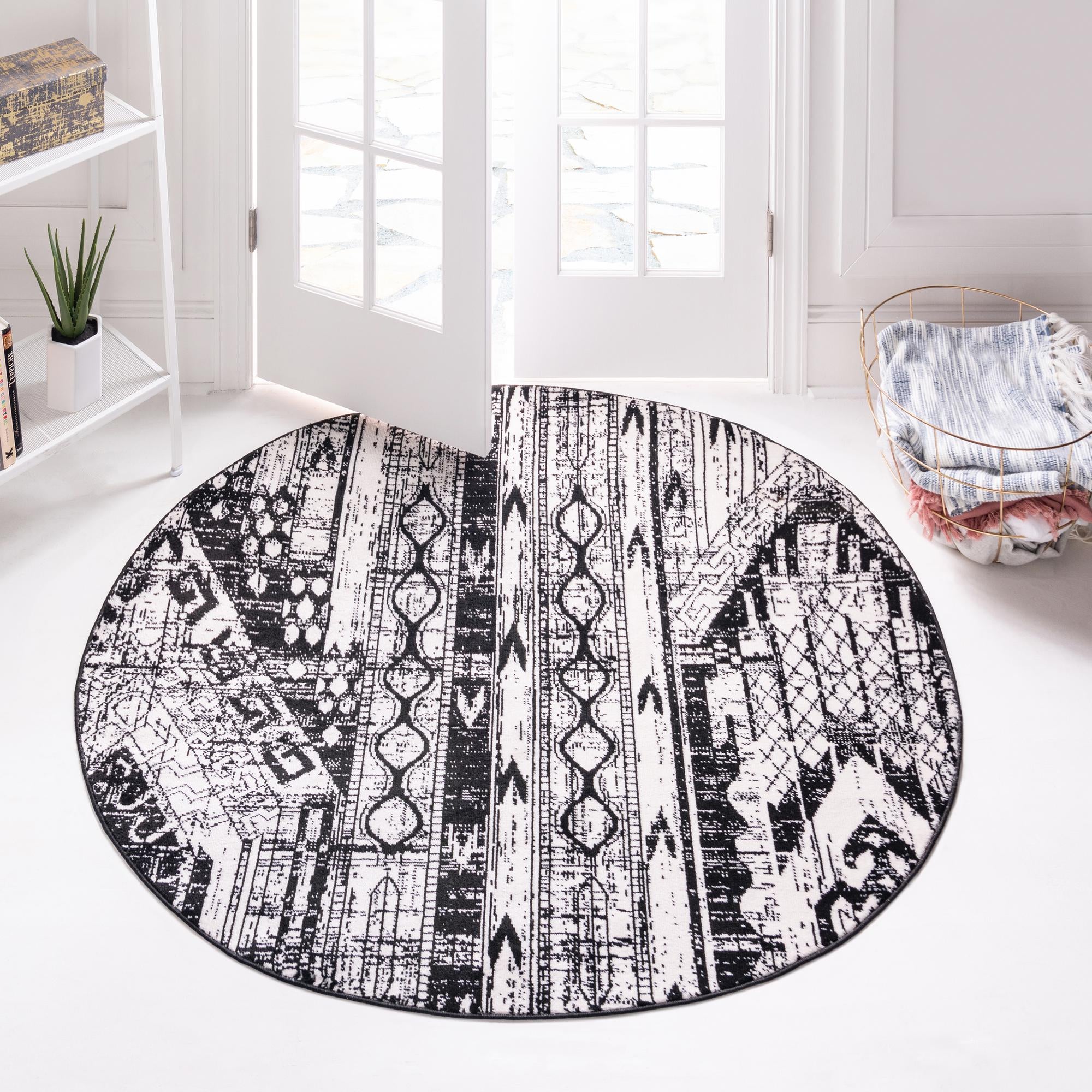 Unique Loom 3152036 Portland 5 x 5 (ft) Loomed Polypropylene Black and White Round Indoor Stripe Area rug