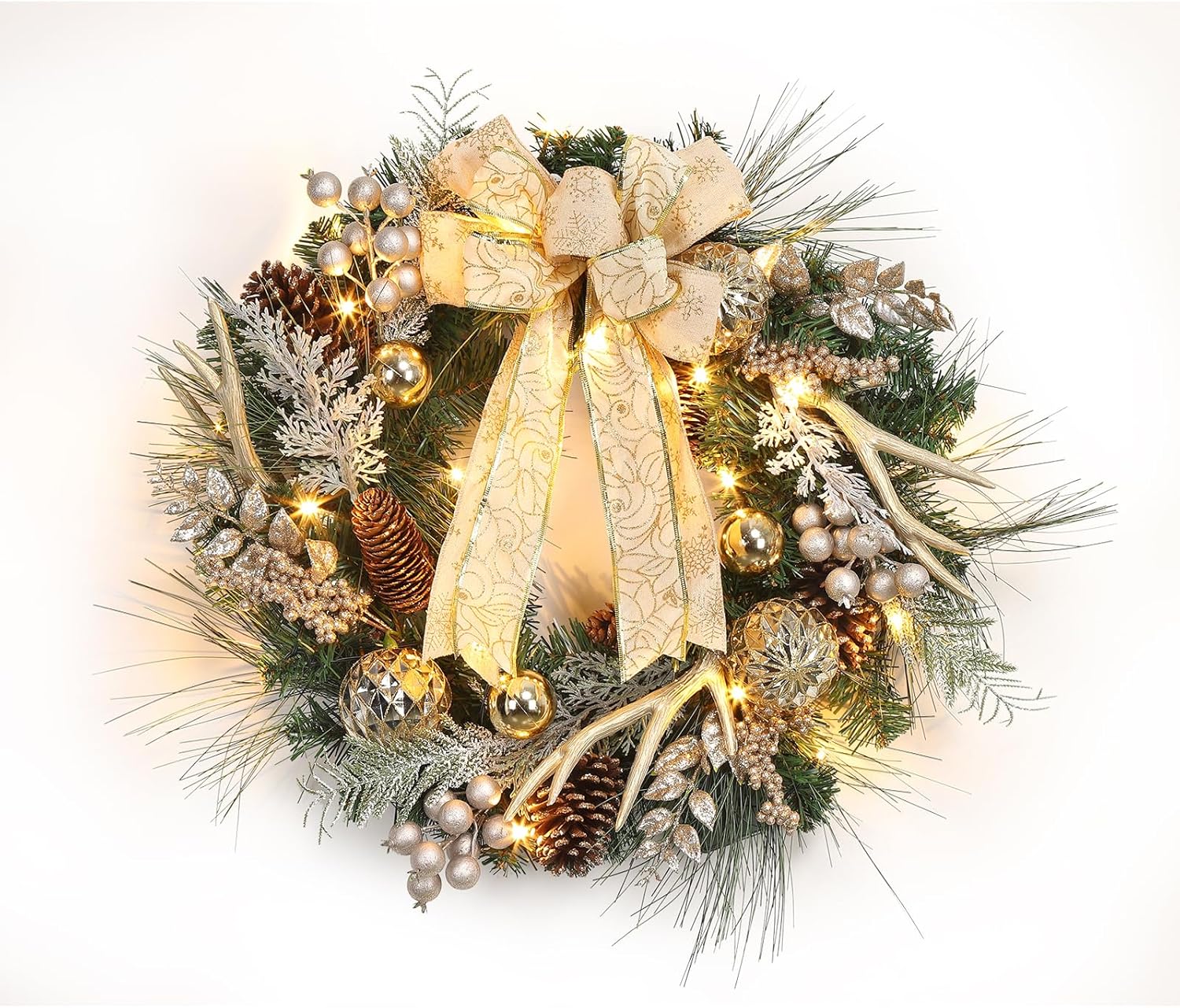 GMC 24 Inch Pre-Lit Christmas Wreath with 20 LED Lights Lush Greenery Pinecones and Berries Battery Operated Holiday Garland for Front Door Indoor or Outdoor Festive Decoration Champagne Gold