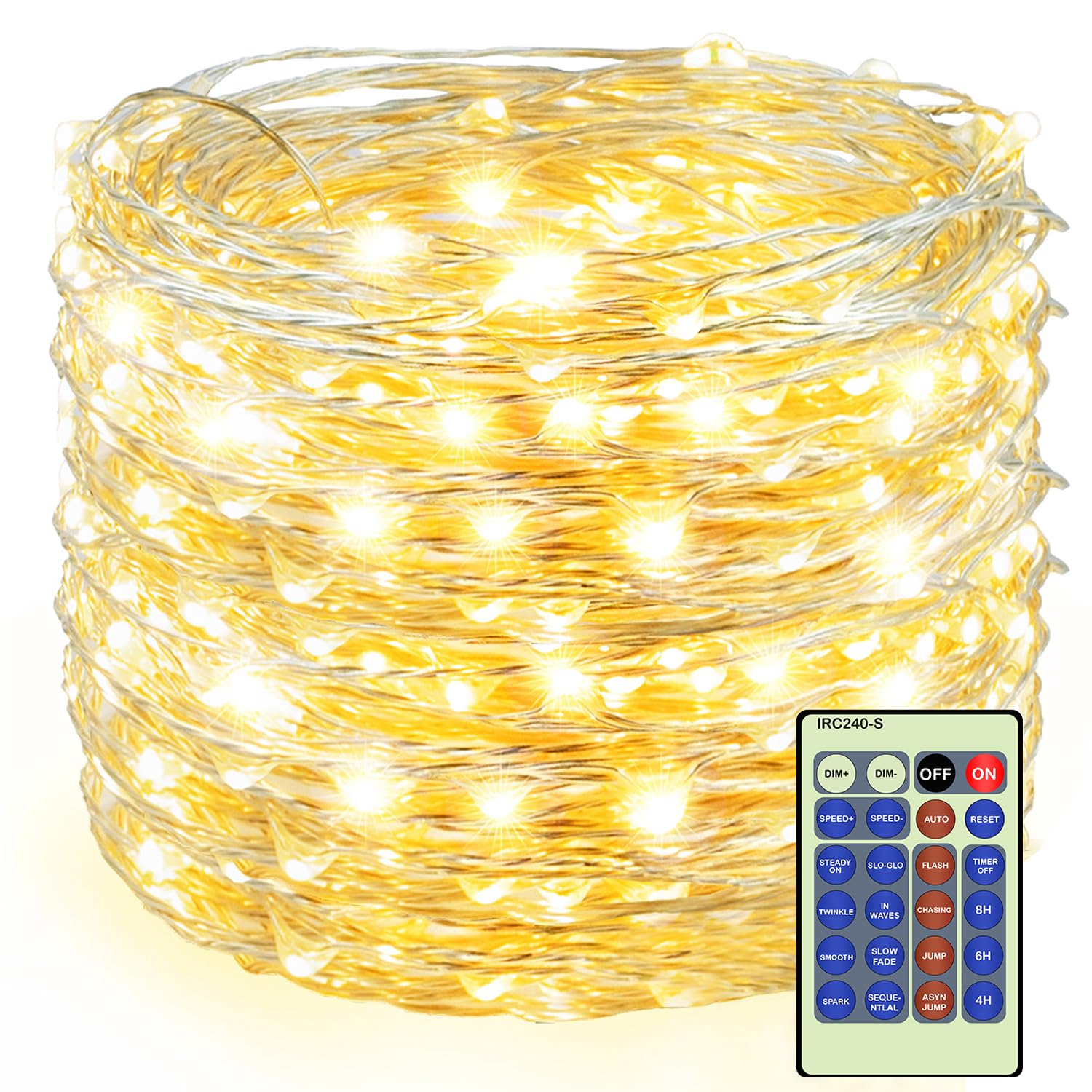 Luupatchy 99ft 300-LED Bendable Silver Wire Fairy String Lights with Remote Control and Timer 12 Modes Warm White Indoor Outdoor Use