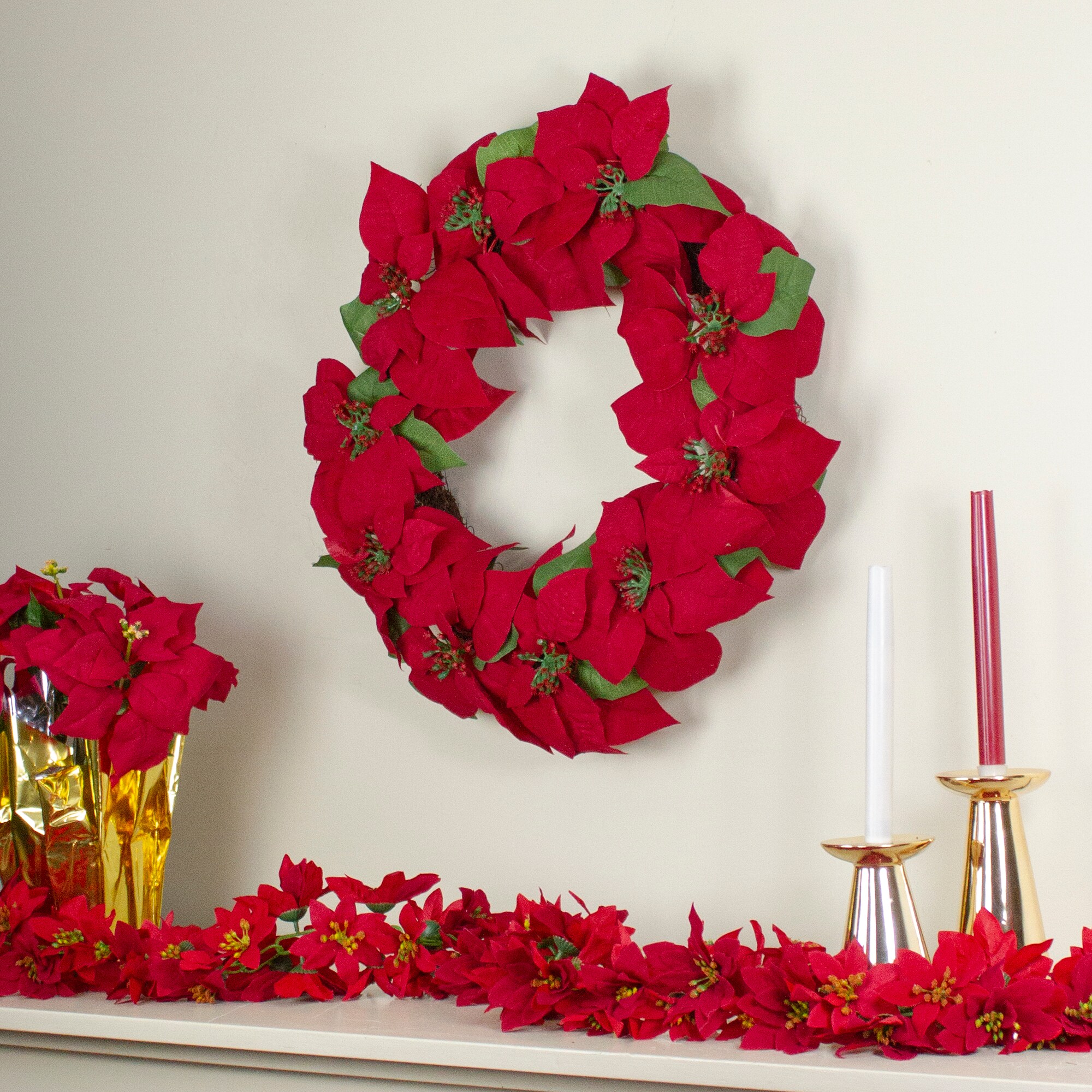 Northlight Poinsettias and Ball Ornaments Artificial Christmas Wreath - 24-Inch Unlit