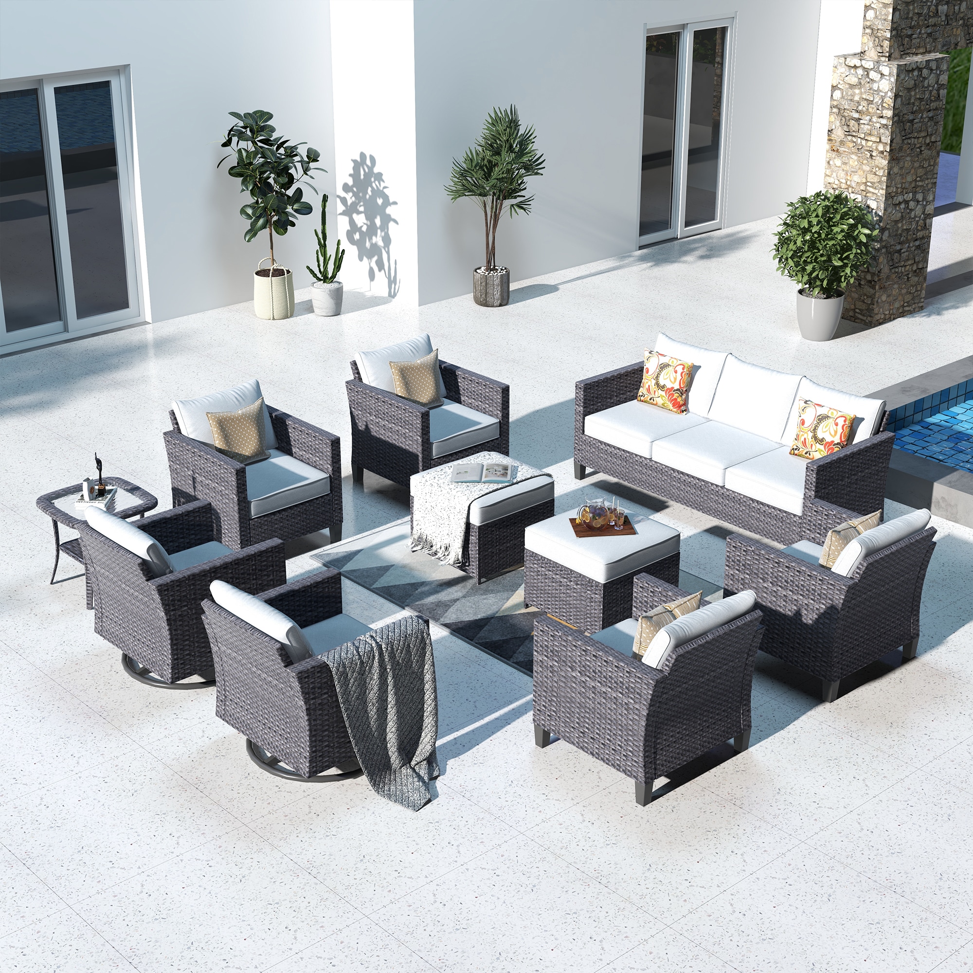 Ovios YZGRS70010 10 -Piece Wicker Patio Sofa Conversation Set with Gray Cushions