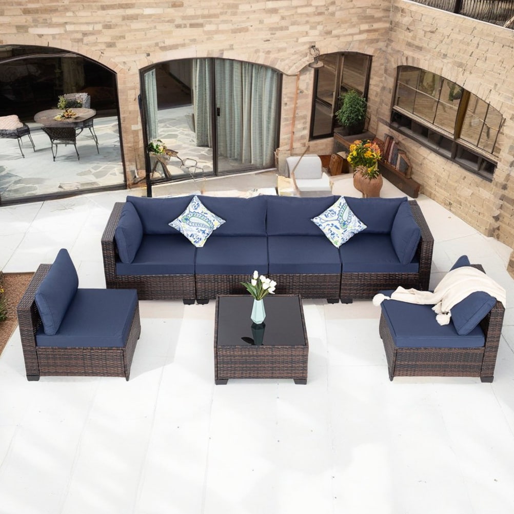 EarlGrove LS-MZ95675GYNY 7 -Piece Wicker Patio Conversation Set with Blue Cushions