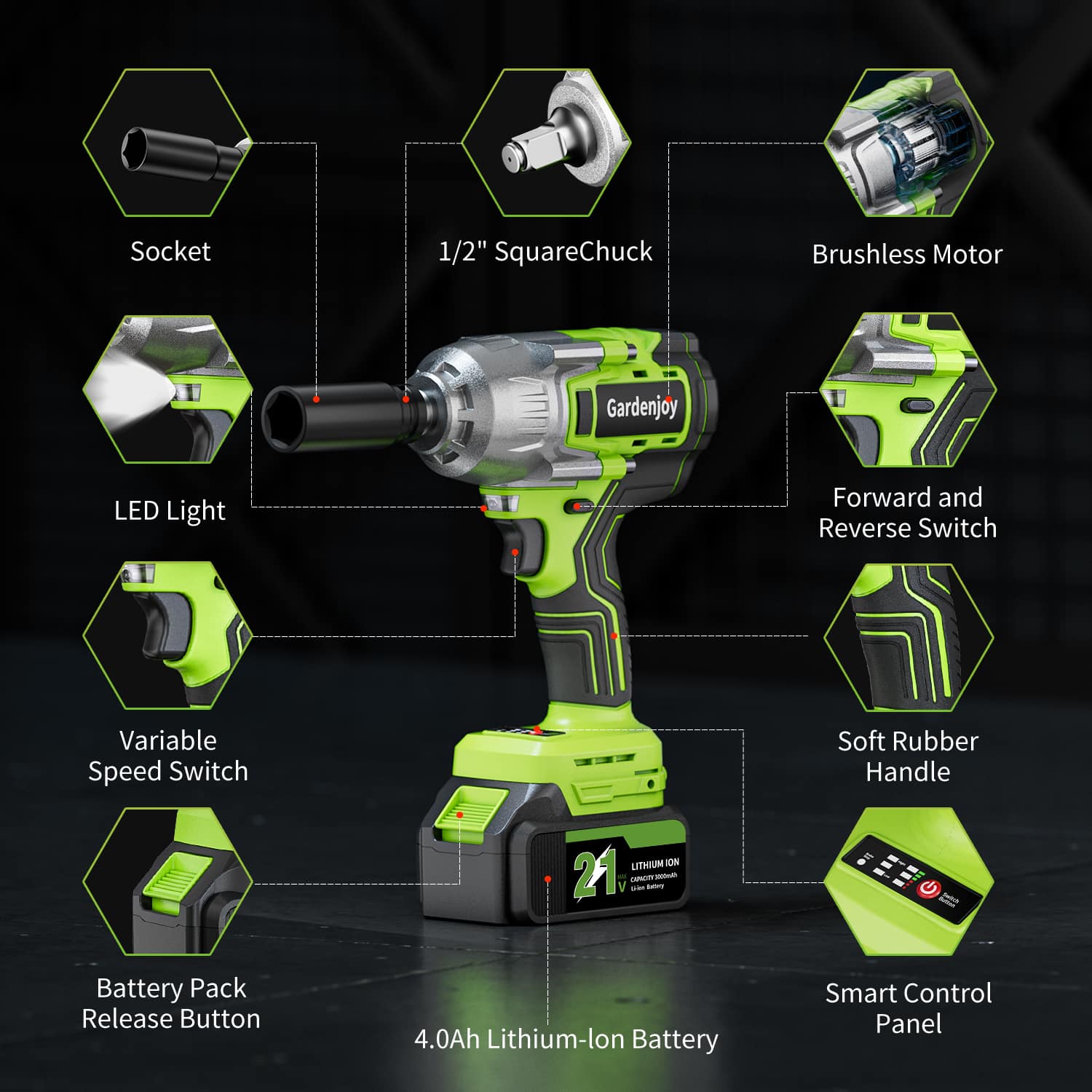 GardenJoy 21V Cordless Impact Wrench Kit with 4.0Ah Battery Fast