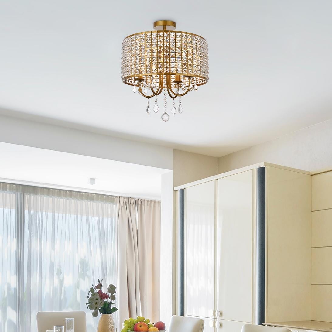 Elise 14" Brass and Crystal Flush Mount Light
