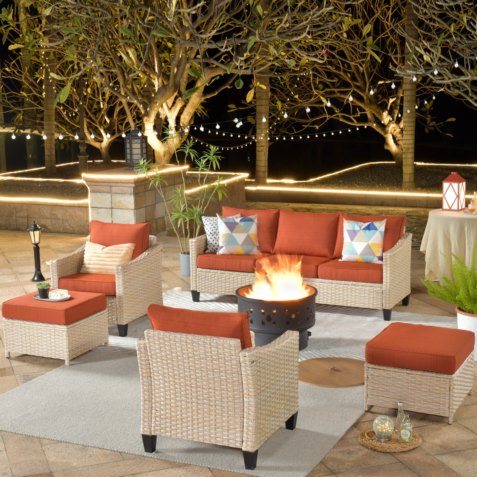 Pouuin SCFPDAR805 6 -Piece Rattan Patio Sofa Conversation Set with Orange Cushions