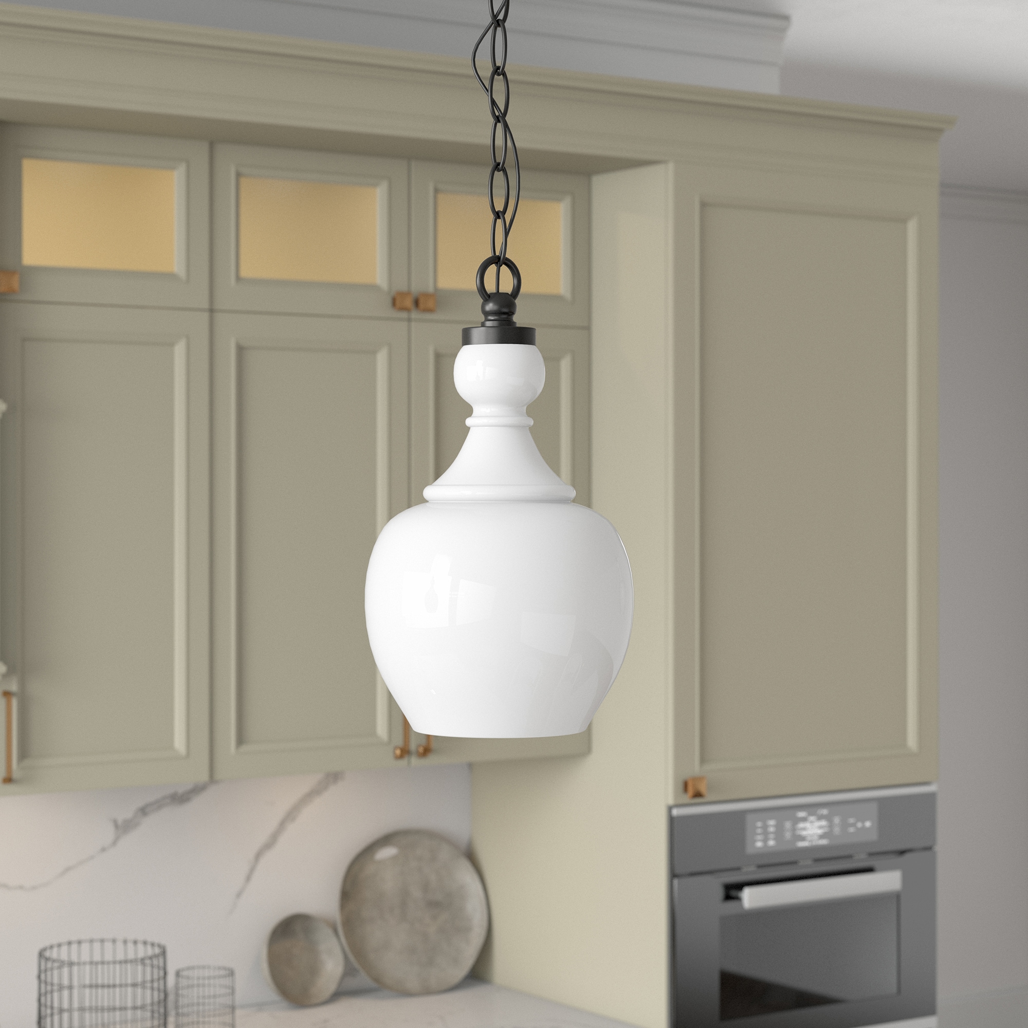 Hailey Home PD1076 Verona 1 -Light Blackened Bronze Transitional White glass Drum Mini Hanging Pendant light