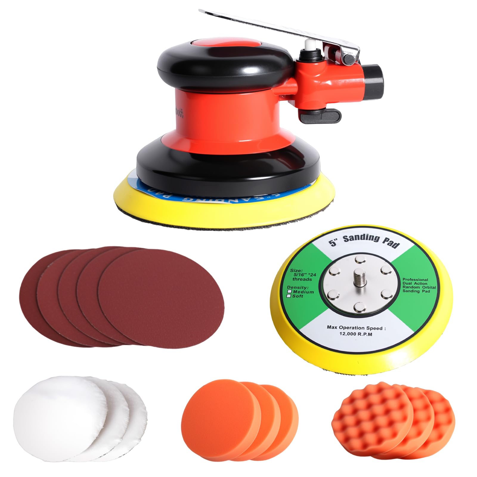 SenQWFa  5 Inch Air Random Orbital Palm Sander 10000RPM Dual Action Pneumatic Sander with Full Polishing Kit for Auto Body Wood and Metal