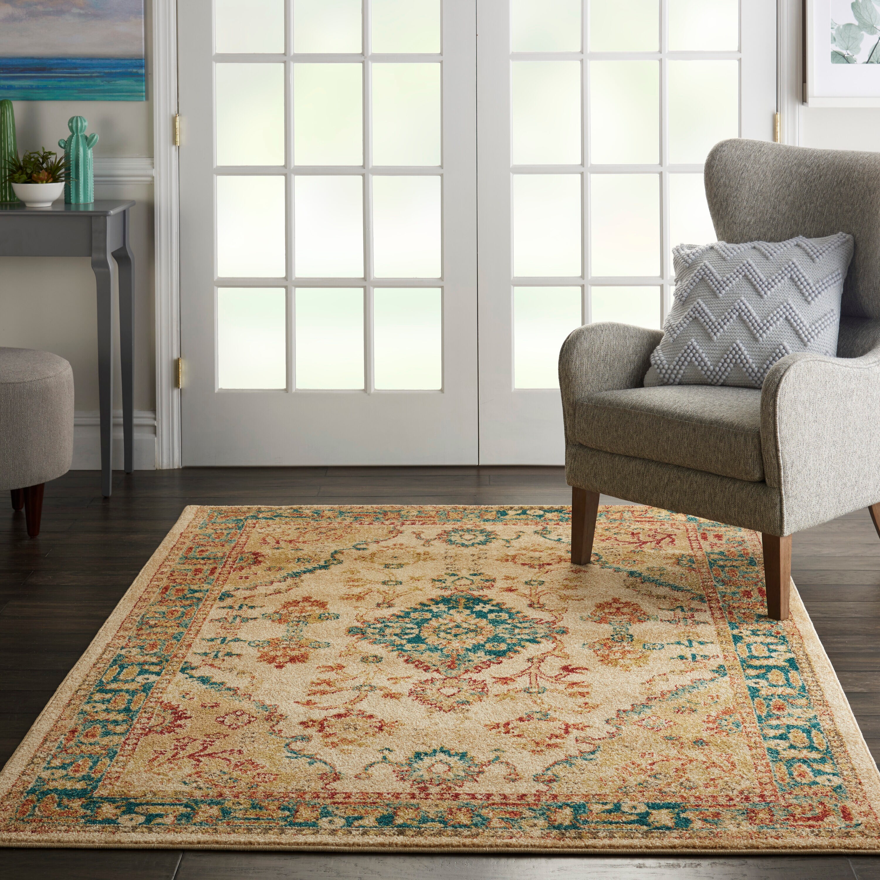 Nourison Home 099446717023 Traditional Vintage 4 x 6 (ft) Loomed Polypropylene Ivory/Teal Rectangular Indoor Floral/Botanical Persian Area rug