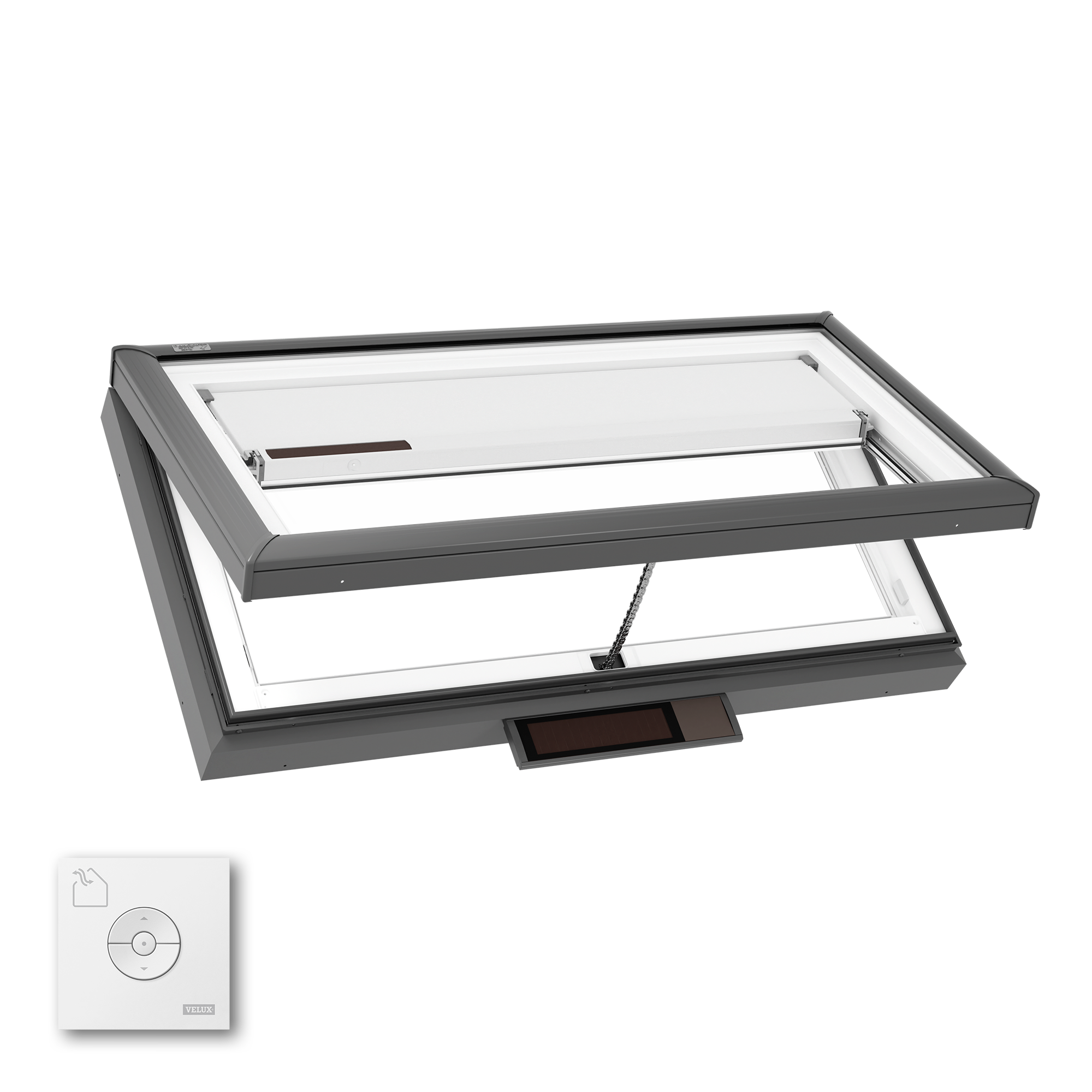 VELUX 46-1/2-in x 22-1/2-in Solar-powered venting Curb mount Aluminum Skylight with Laminated Low-E argon Glass Room Darkening Shade #VCS 4622 2004S