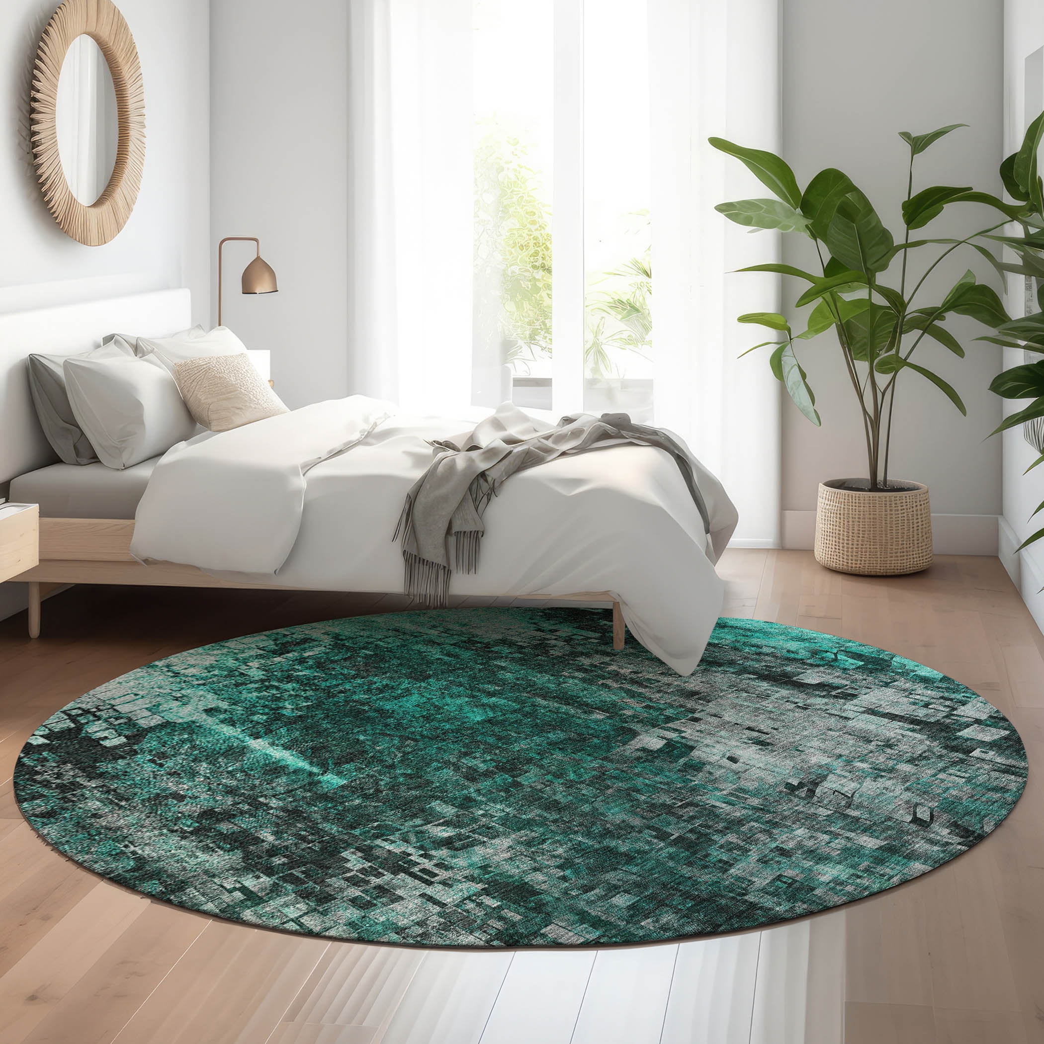 Addison Rugs AMF581TE8RO Mayfield AMF581TE 8 x 8 (ft) Loomed Polyester Teal Round Indoor Geometric Machine washable Area rug