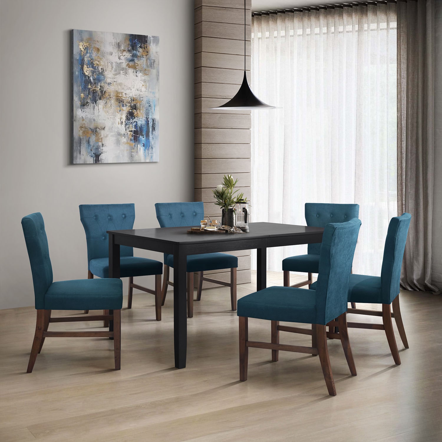 CasePiece C3084US-BL-LN-BN-C4 Blue Transitional Dining Room Set with Rectangular Table ( Seats 6 )