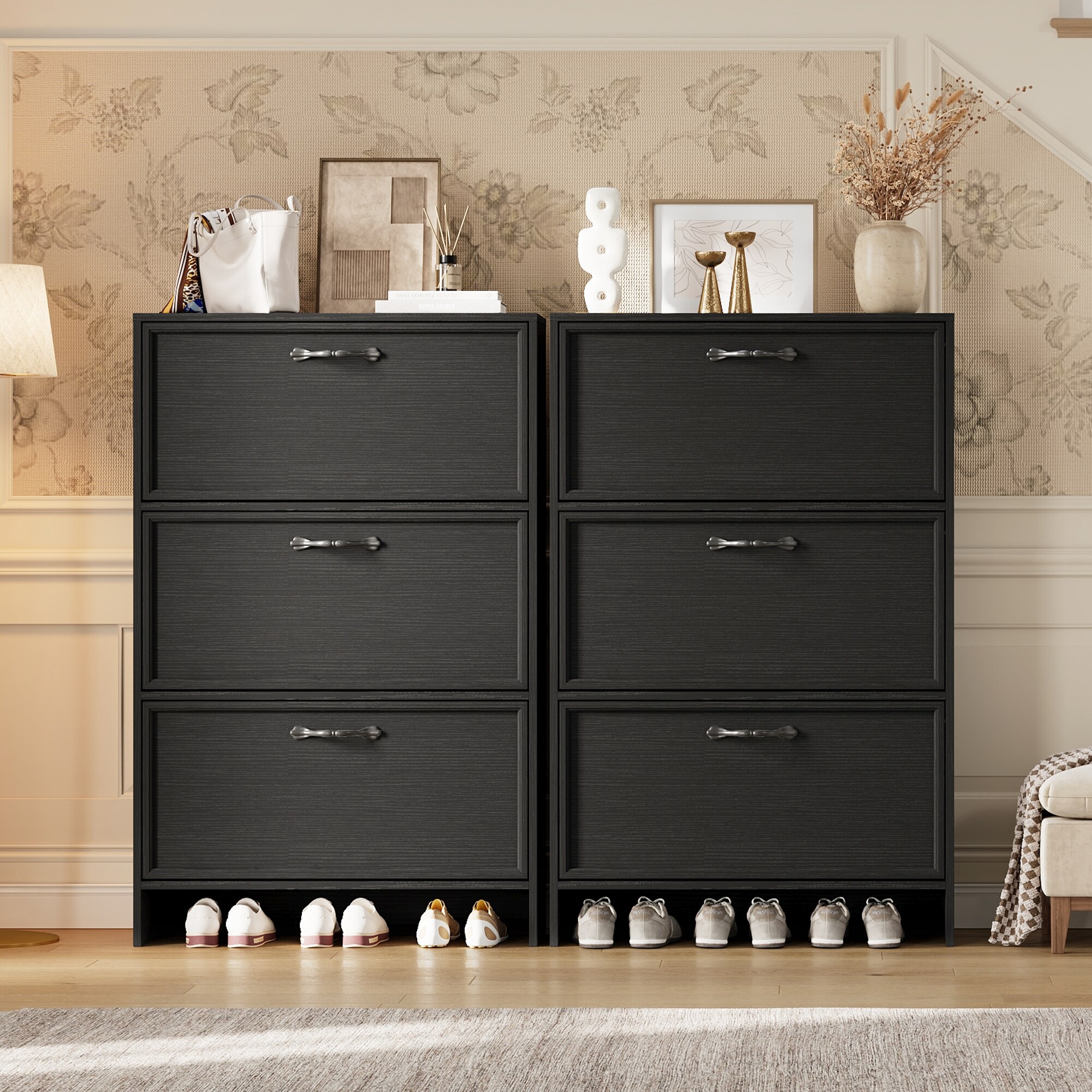 DEXSO Slim Shoe Cabinet 3 Turn Over Drawers Adjustable Shelf Holds 24 Pairs Anti-Tipping Black Embossed Finish