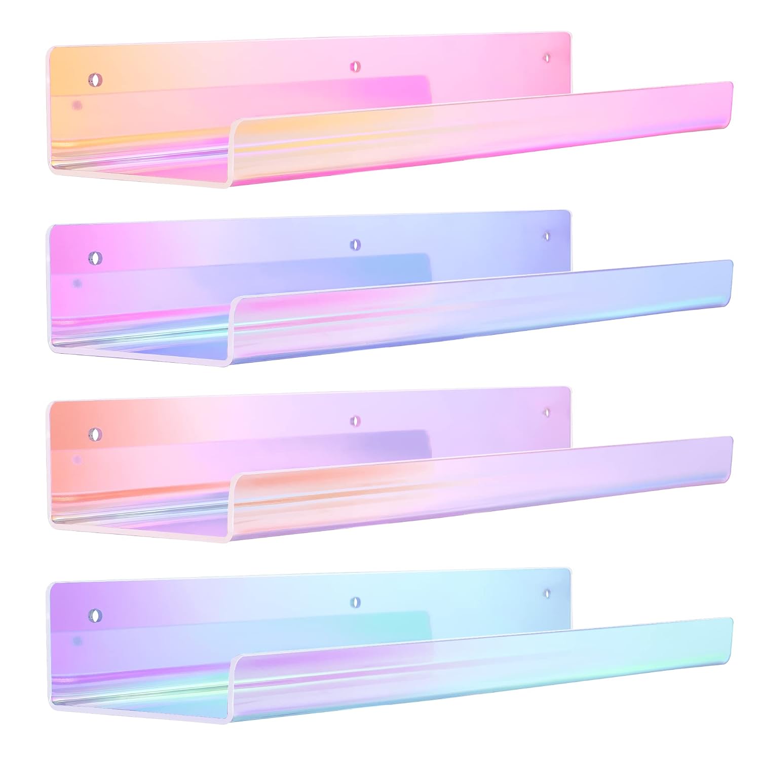 Fredees 15 Inch Iridescent Acrylic Floating Wall Shelves for Bedroom Living Room and Playroom Display Storage 4-Pack