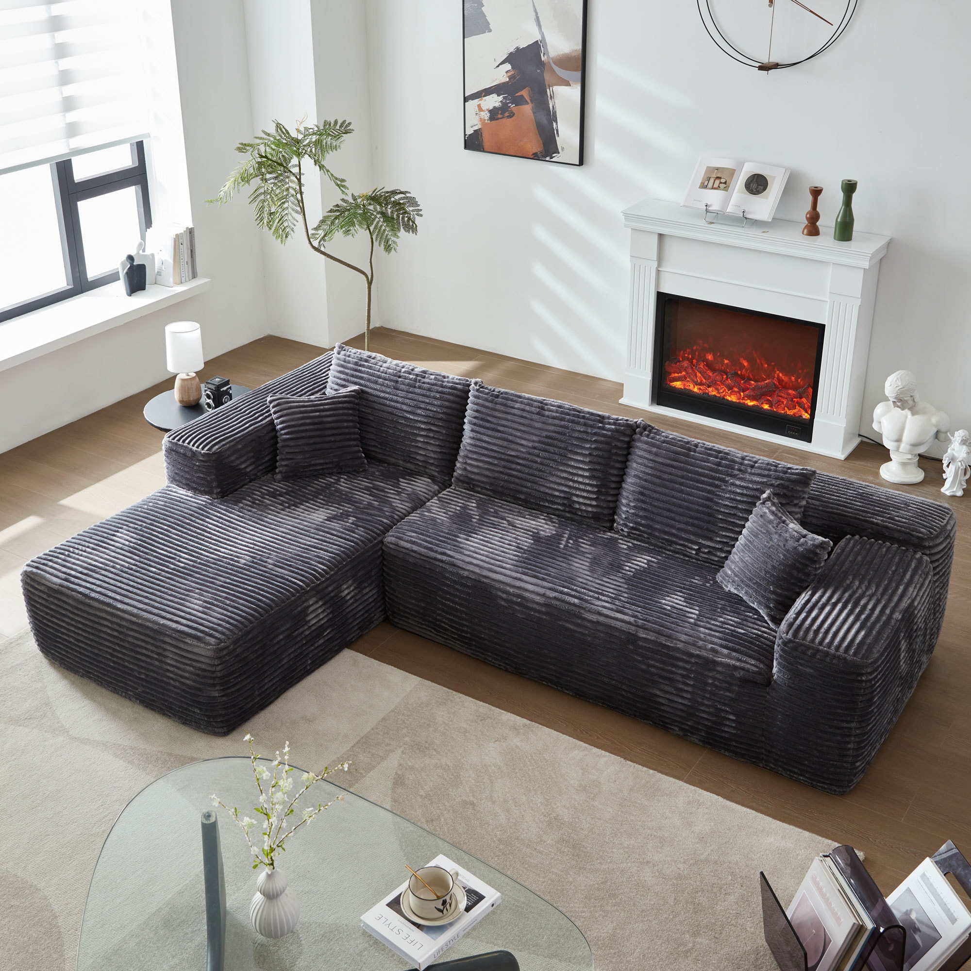 Ovios OVIVIL910 104.3-Inches Casual Gray(Plush Corduroy)-Left Chaise Sectional