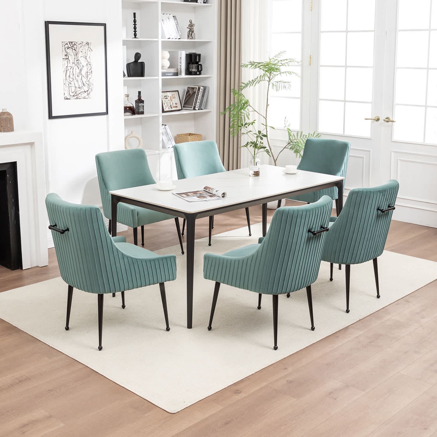 SEYNAR  Modern Glam Velvet Black Metal Legs Dining Chair or Vanity Chair Set of 6 with Rear Handle
