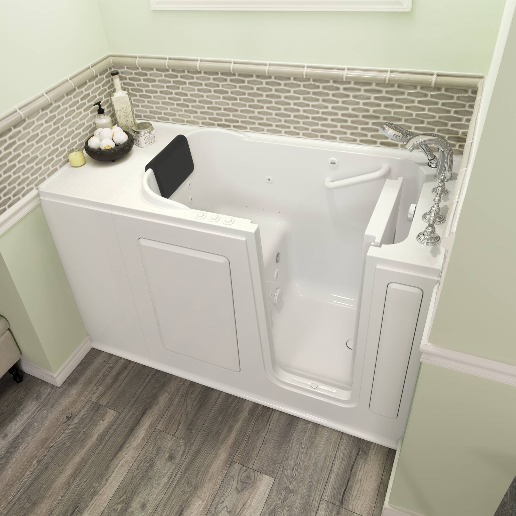 American Standard 2848.109.CRW 28.0-Inches x 48.0-Inches White Gel-coated fiberglass Rectangular Walk-in Whirlpool and air bath combination tub with Faucet Hand Shower Drain ( Right Drain )