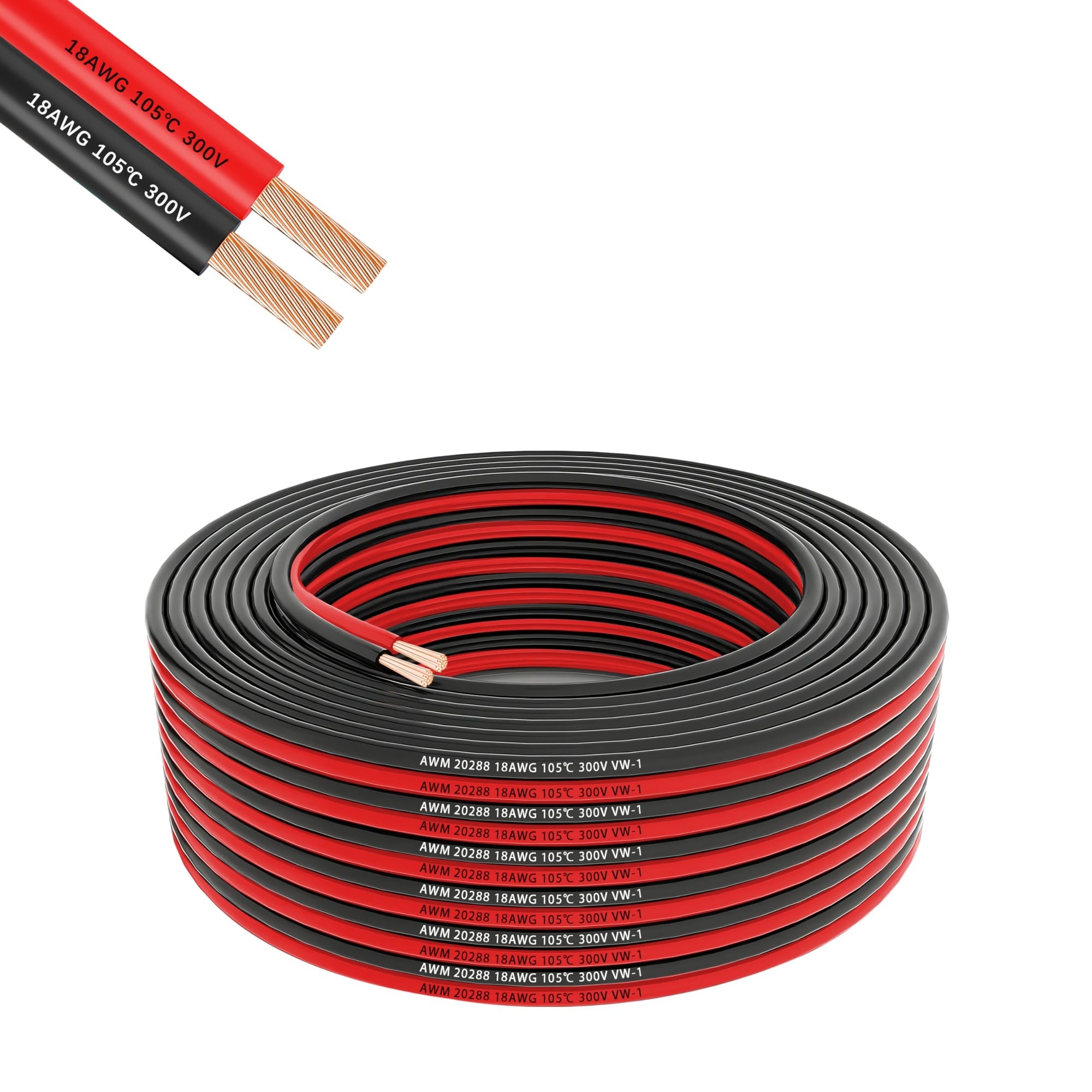 Lukvuzo  18 Gauge 2 Conductor Flexible Parallel Electrical Wire 50ft Red Black Low Voltage PVC Cord 18 2 AWG Stranded Oxygen Free Copper Cable for