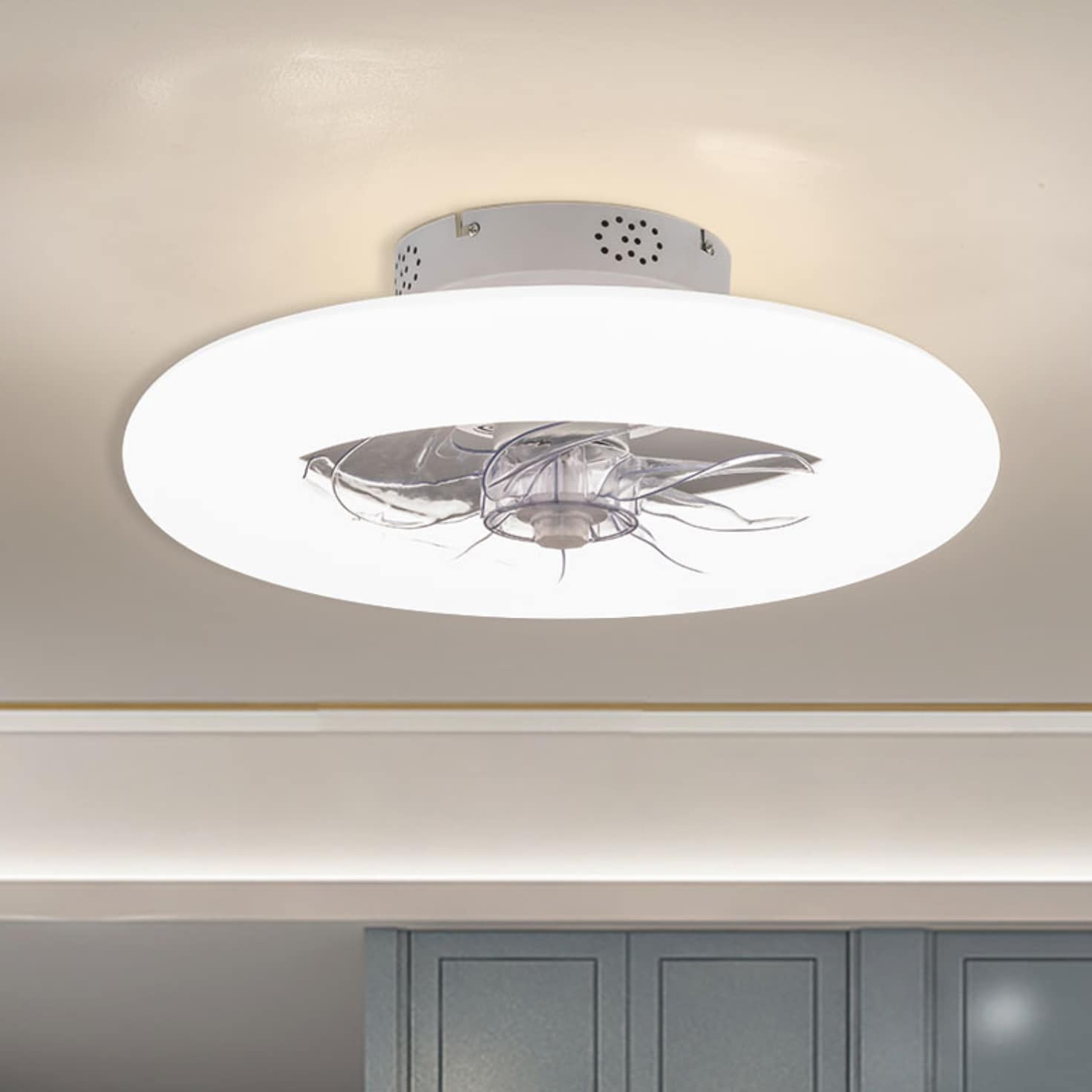 Oukaning HG-HCXLST-5461-US 20-in Color-Changing Integrated LED Flush Mount White Round Smooth Stepless Dimming with ABS Blades Fandelier Ceiling Fan With Light - Remote Included ( 7 -Blade )