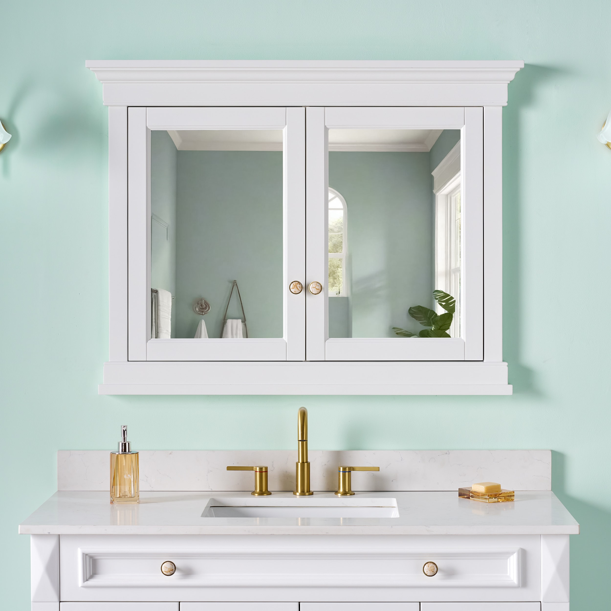 WELLFOR KAFMC4F2-6036 GRACE Solid Wood 42-in x 32-in Recessed Mount White Mirrored Rectangle Soft Close Medicine Cabinet