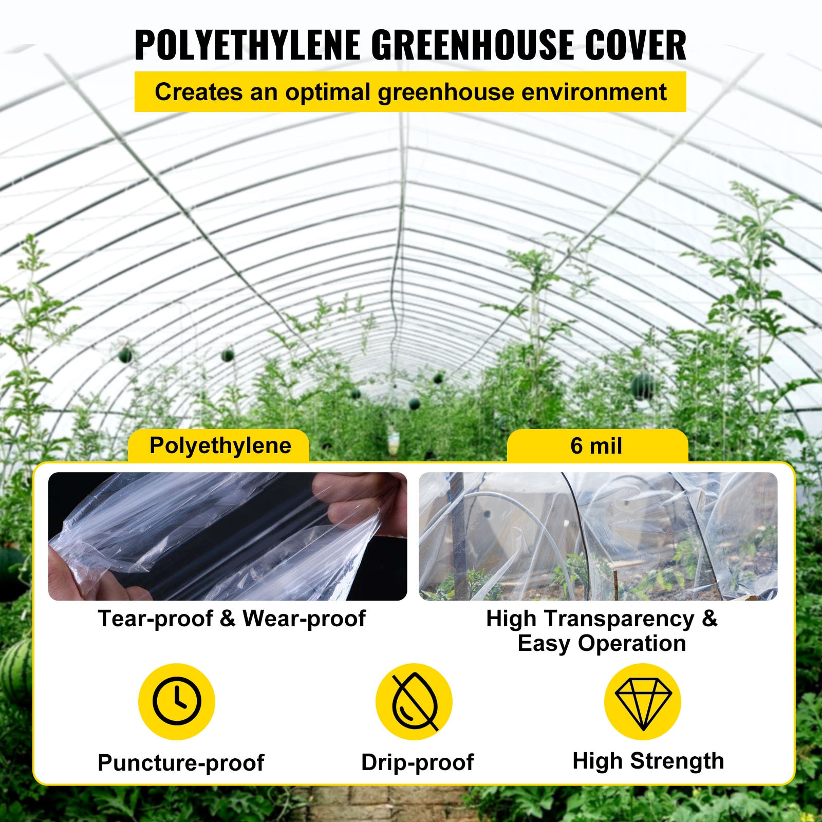 VEVOR 12 ft. x 25 ft. 6 Mil Greenhouse Film UV Resistant Superior