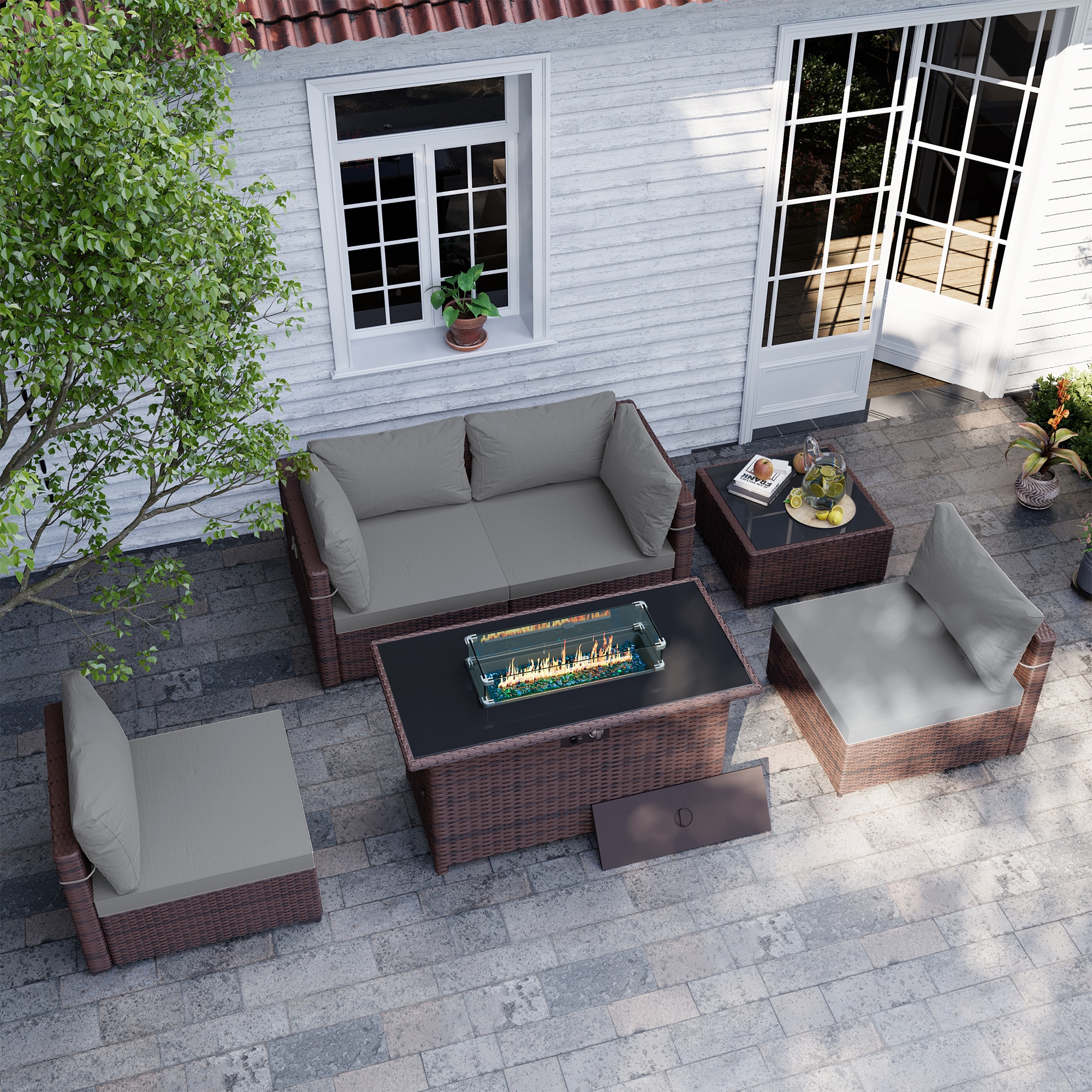 UPHA TBSF-AB43BR-LGRAY 6 -Piece Wicker Patio Conversation Set with Gray Cushions